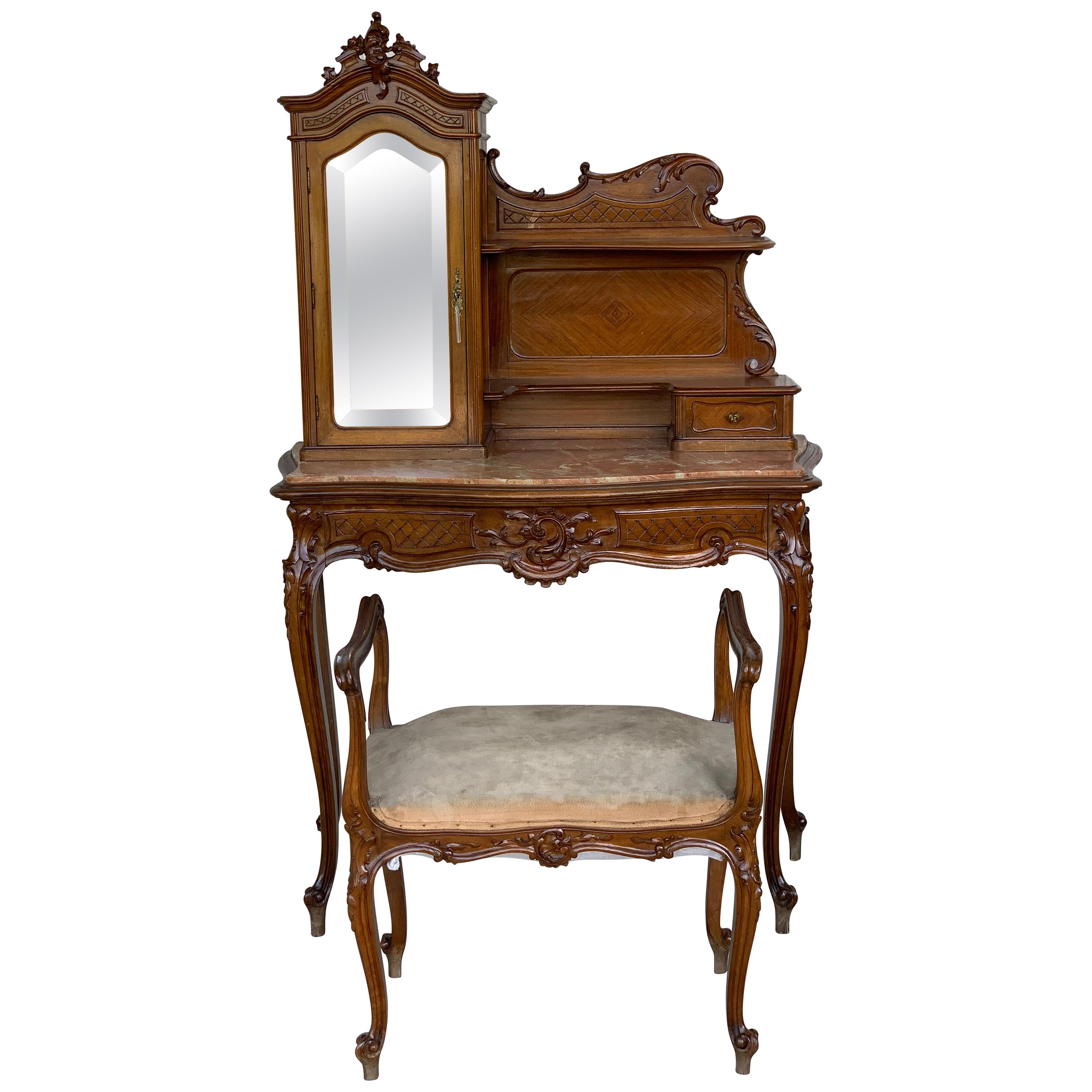 20th Century French Set of Marble-Top Walnut Dressing Table and Savonarola