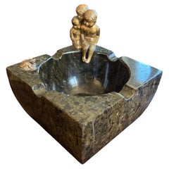 Antique 20th French Stone Ashtray Decorated with a Sculpture of Kids Watching a Frog