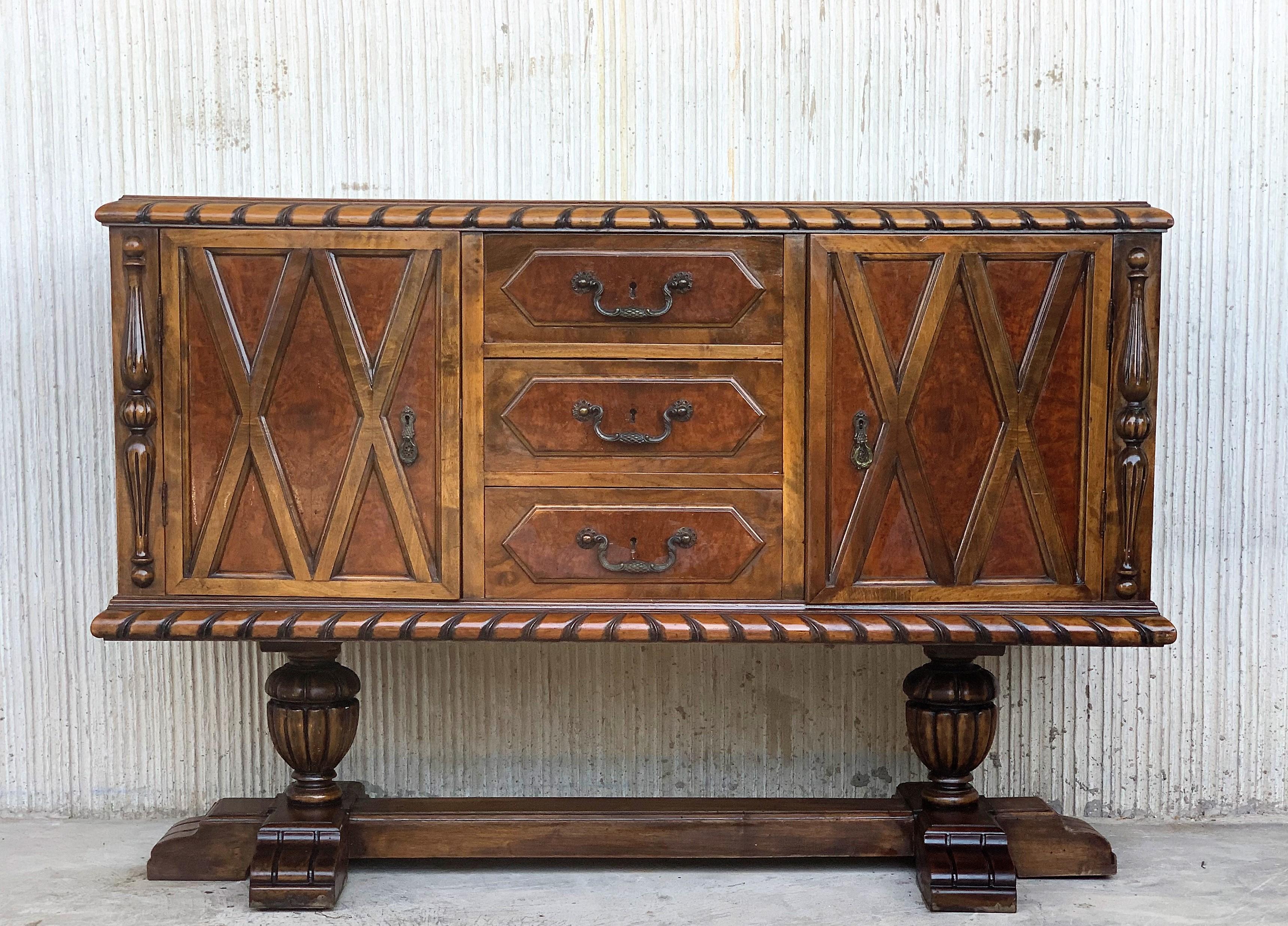 Arts and Crafts 20th Century French Walnut Buffet with Two Doors and Three Central Drawers For Sale