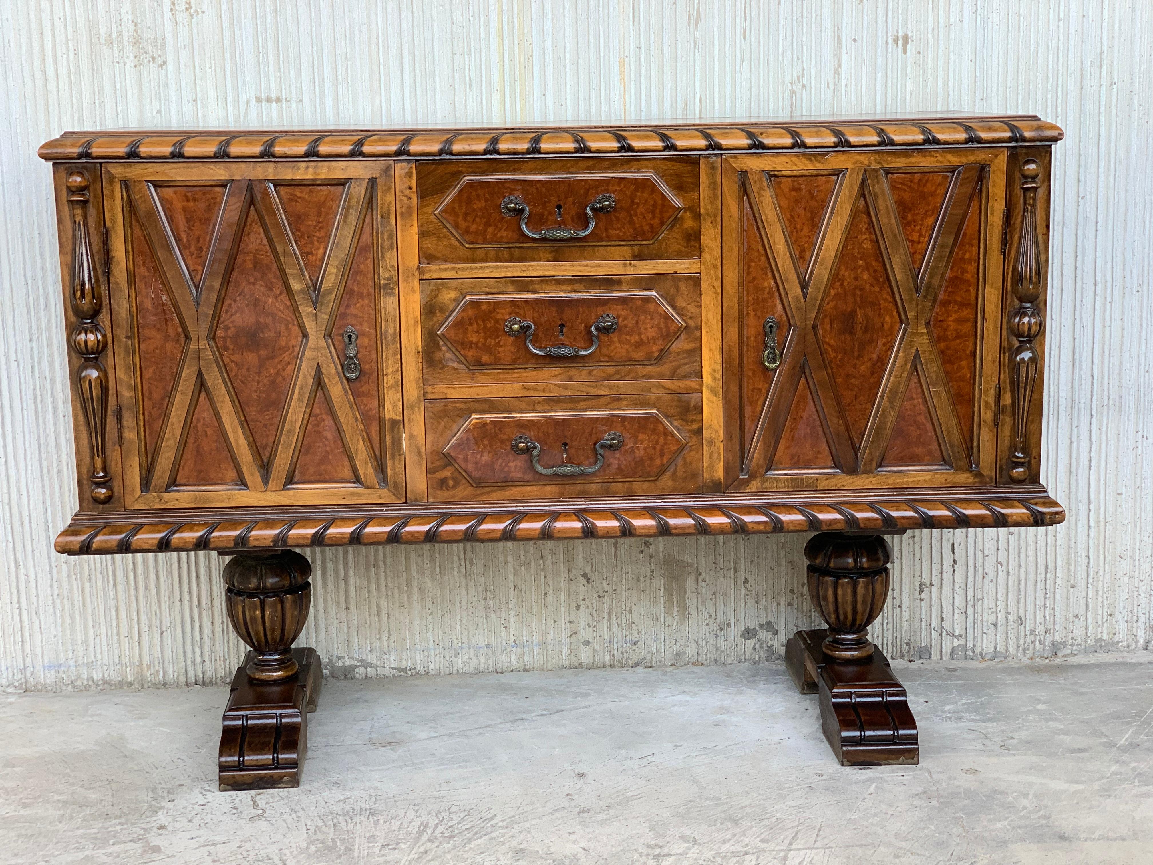 Wood 20th Century French Walnut Buffet with Two Doors and Three Central Drawers For Sale