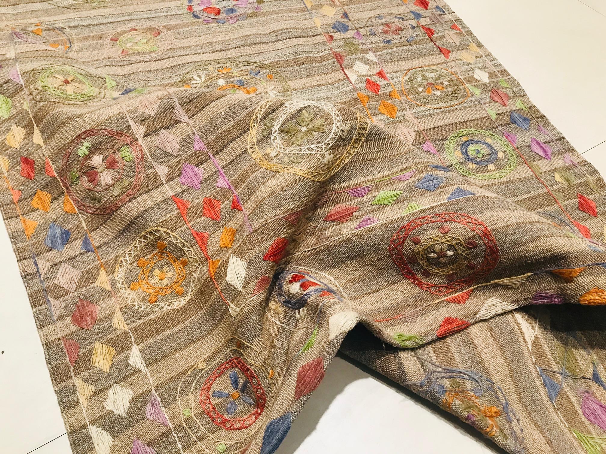 20th Handmade Embroidery Afghan Kilim Rug Brown Colors, circa 1980 For Sale 4