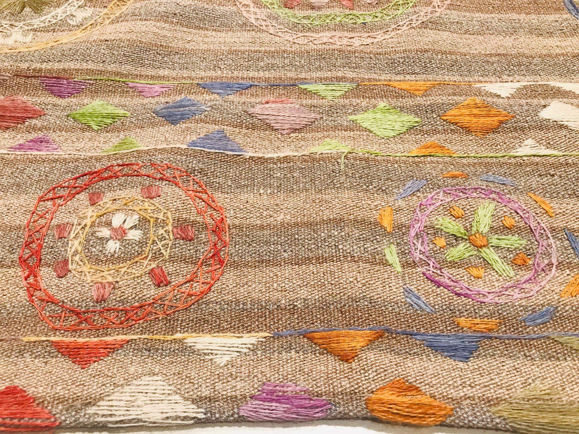 20th Century 20th Handmade Embroidery Afghan Kilim Rug Brown Colors, circa 1980 For Sale