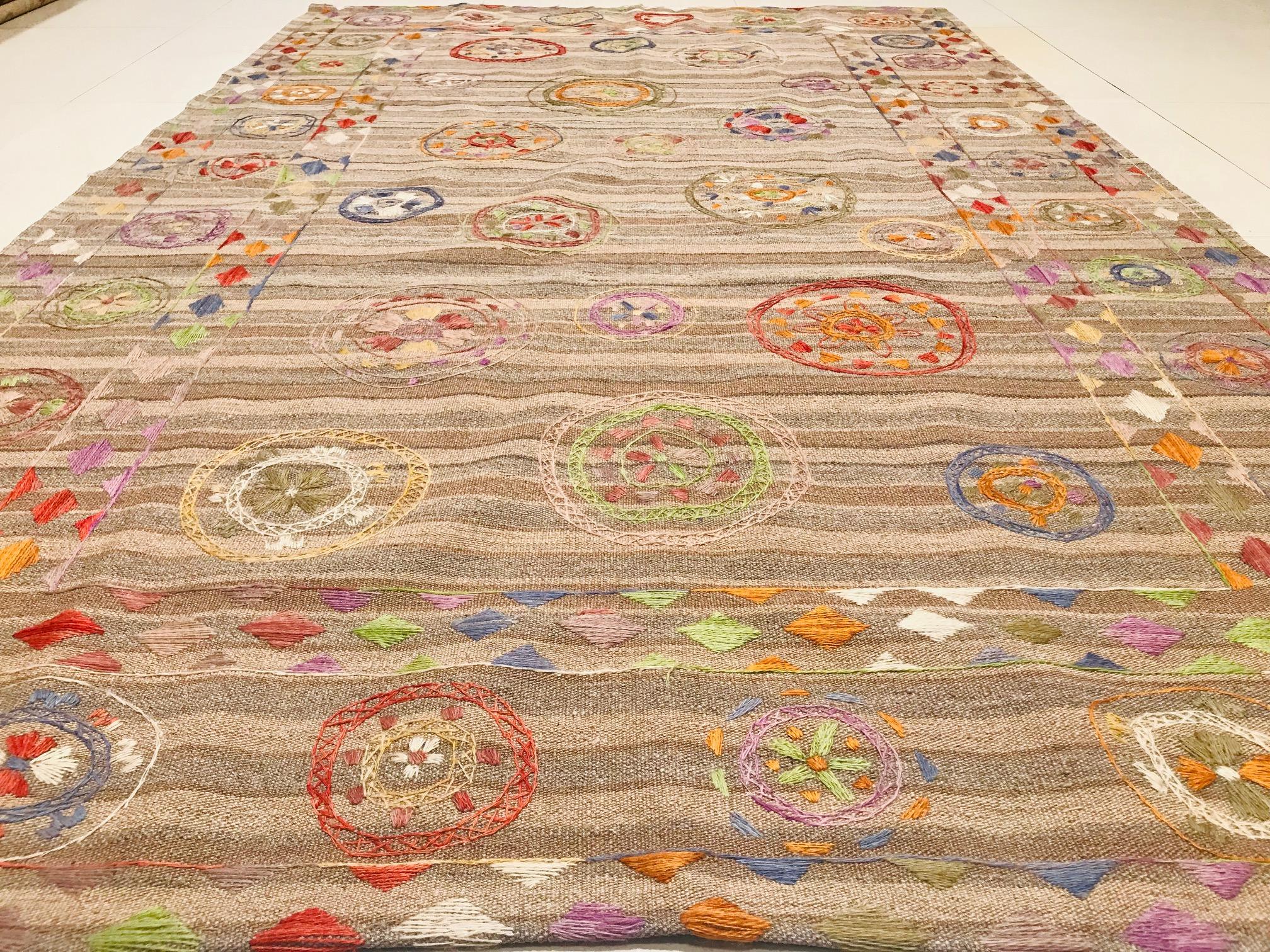 20th Handmade Embroidery Afghan Kilim Rug Brown Colors, circa 1980 For Sale 1