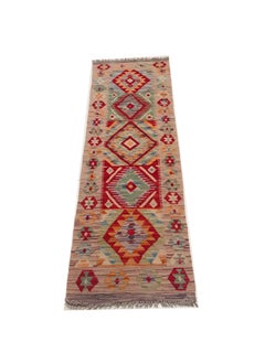 20th Handmade Wool Afghan Kilim Runner Beige and Red Colors, circa 1980