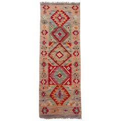 Vintage 20th Handmade Wool Afghan Kilim Runner Beige and Red Colors, circa 1980