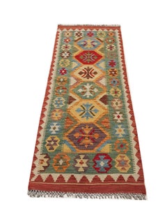 20th Century Handmade Wool Afghan Kilim Runner Orange and Green Colors