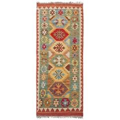 Vintage 20th Century Handmade Wool Afghan Kilim Runner Orange and Green Colors