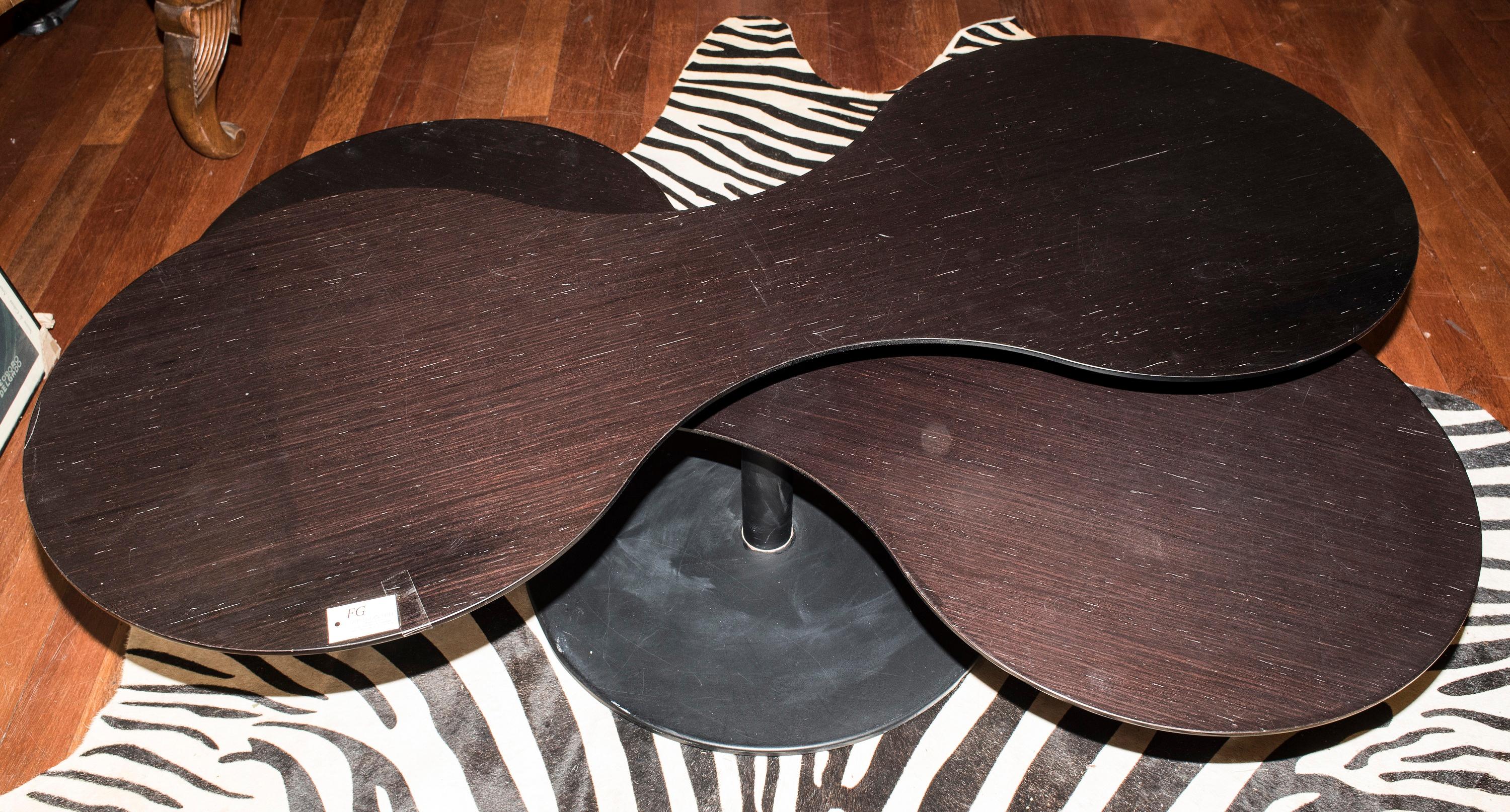 Hand-Crafted 20th Black wood Coffee Table Hardwood and Lacquered Steel Foot Movable Helix