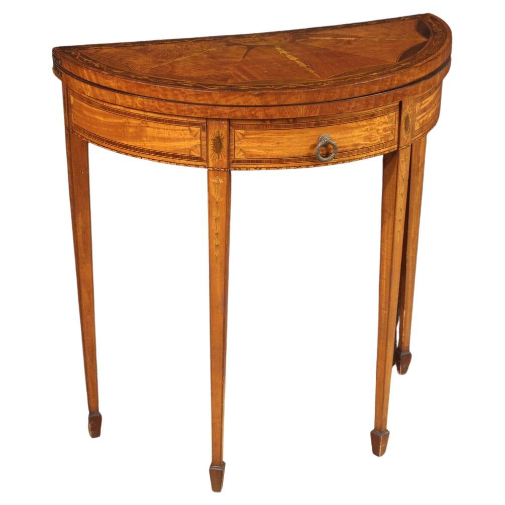 Vintage Pair of Burr Walnut Half Moon Marquetry Console Tables, 20th