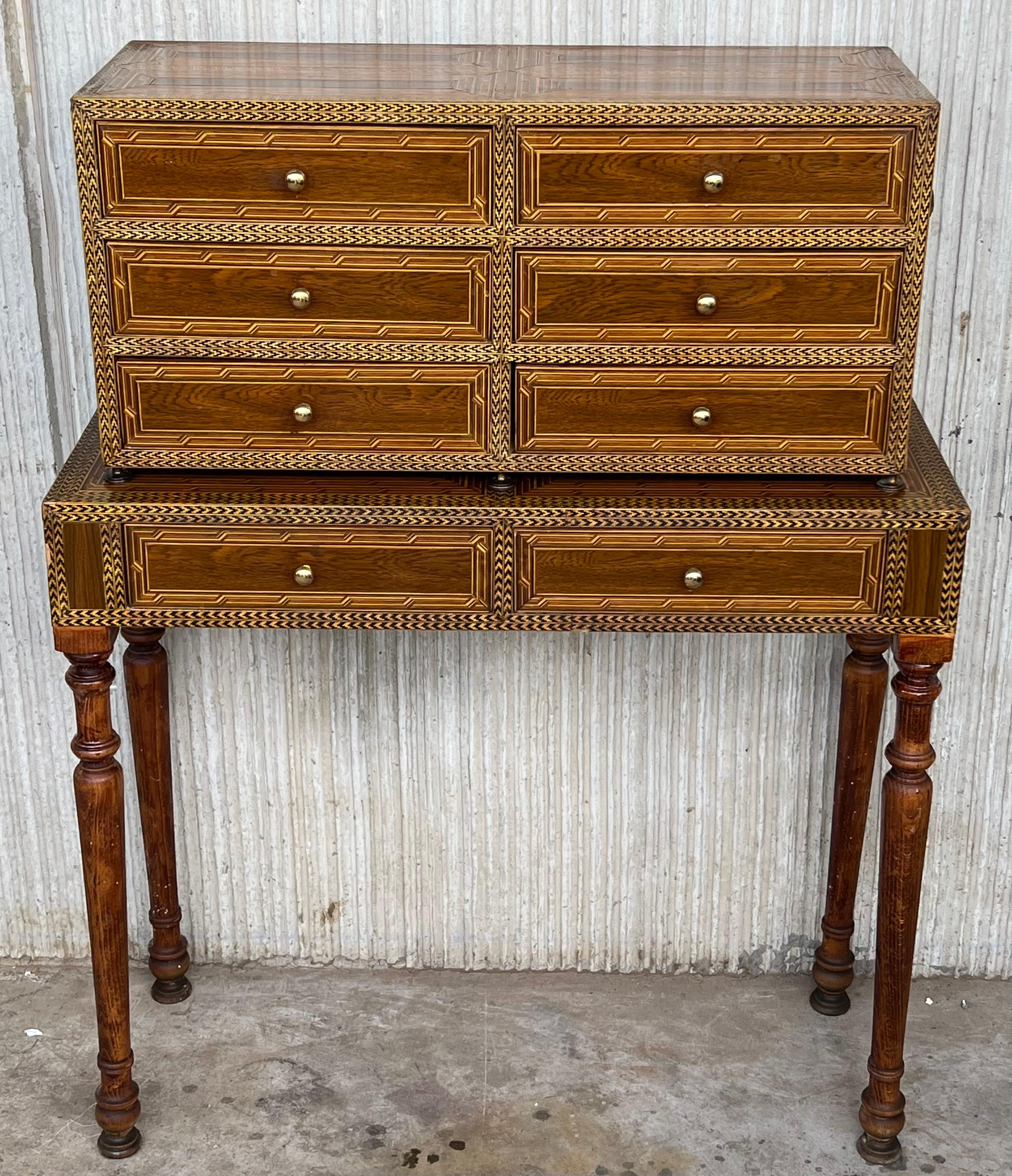 Neoclassical Revival 20th Italian Cabinet on Stand, Baroque Bargueno with Eight Drawers For Sale