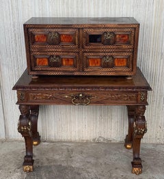 20th Italian Cabinet on Stand, Baroque Bargueno with Inlays & Mounts