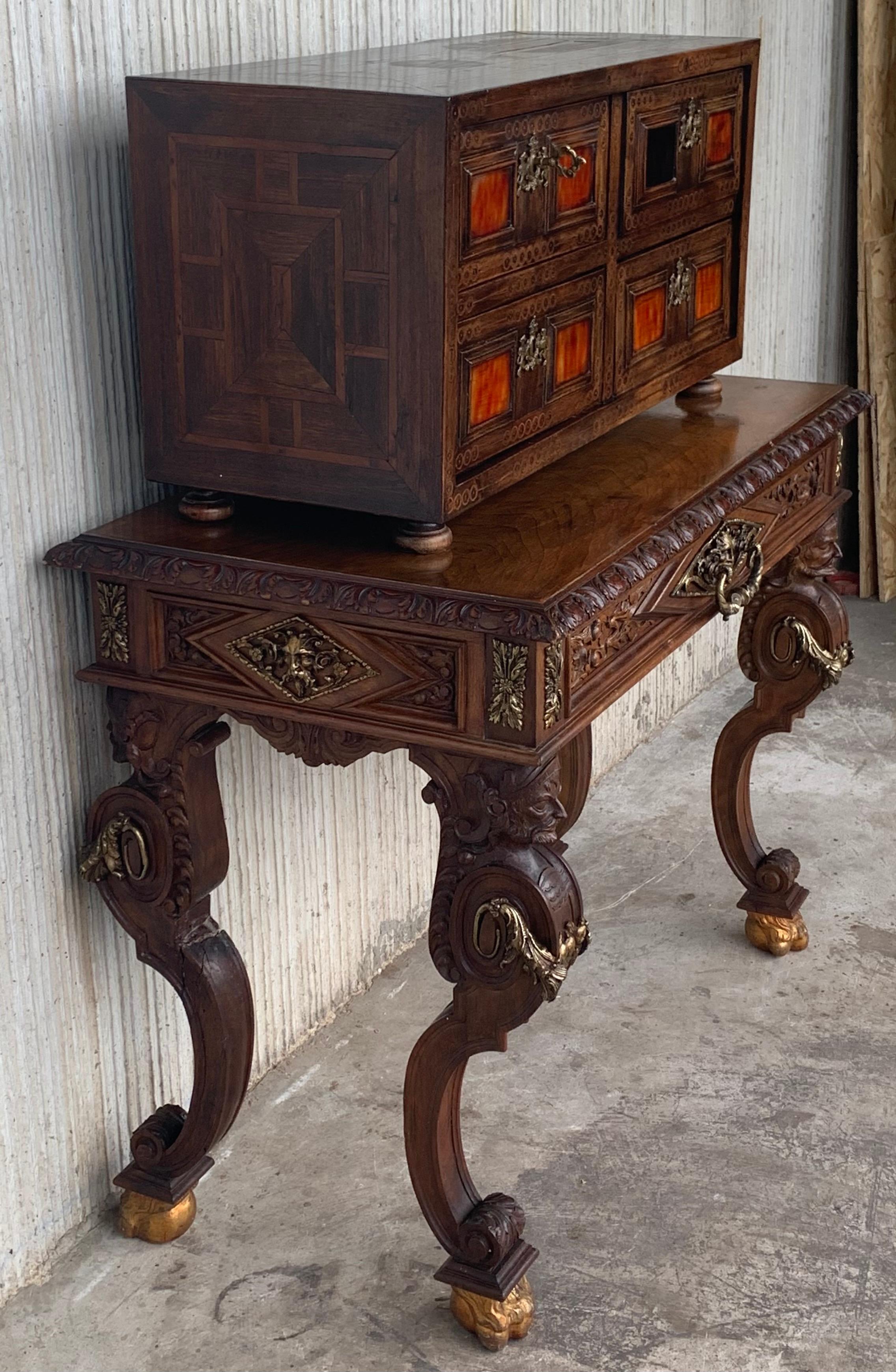 Bronze 20th Italian Cabinet on Stand, Baroque Bargueno with Inlays & Mounts For Sale