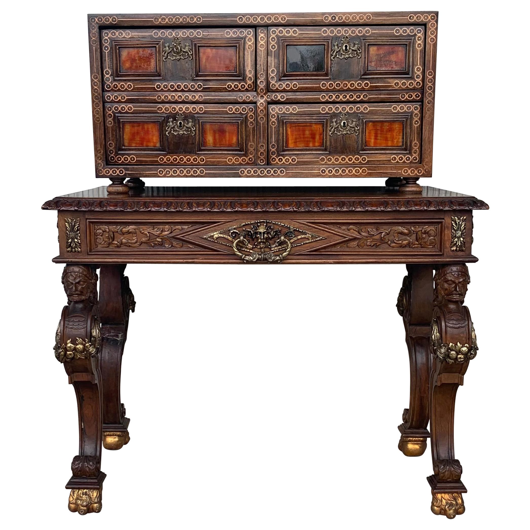 20th Italian Cabinet on Stand, Baroque Bargueno with Inlays & Mounts