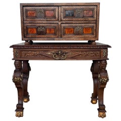 20th Italian Cabinet on Stand, Baroque Bargueno with Inlays & Mounts