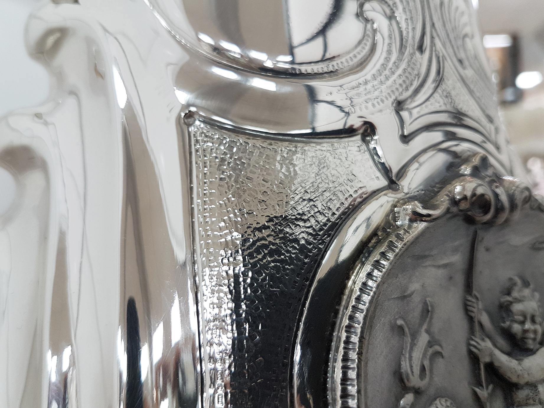 Embossed 20th Italian Century Solid Silver Big Vase Blason Depicting Mythological Figures For Sale