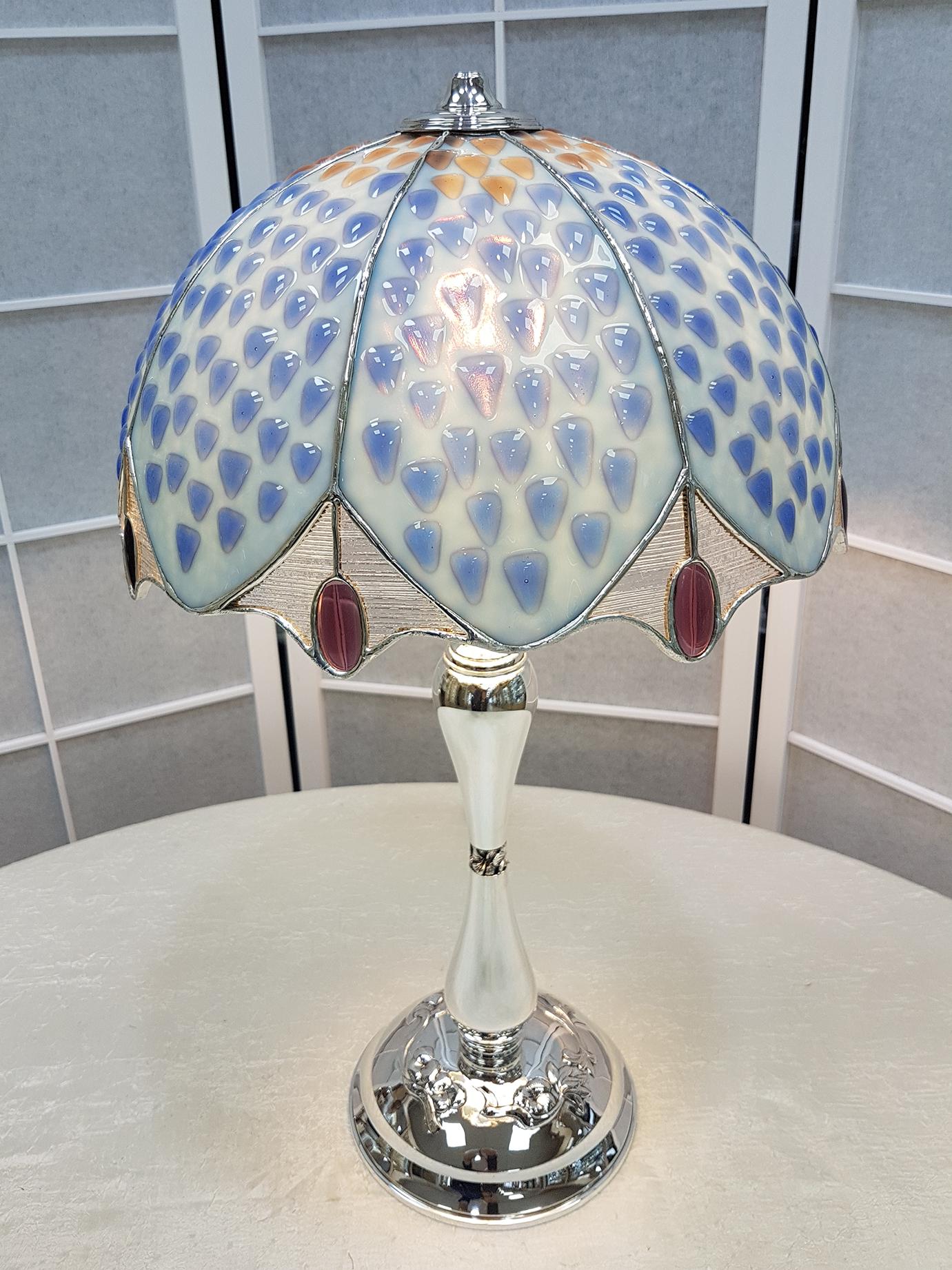 20th Italian Century Sterling Silver Table Lamp with Polychrome Glass Hat For Sale 3