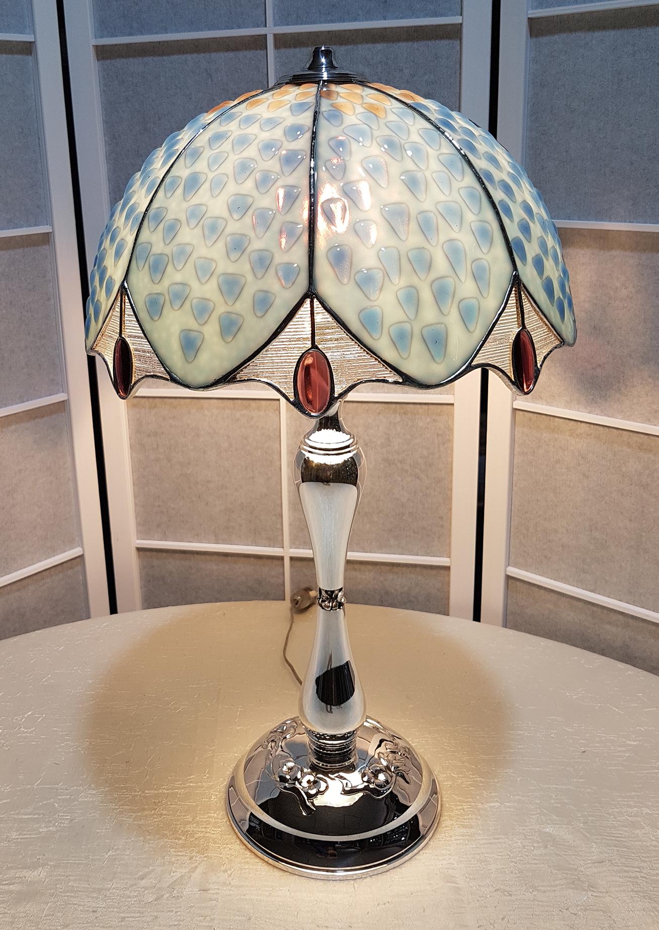 20th Italian Century Sterling Silver Table Lamp with Polychrome Glass Hat For Sale 5