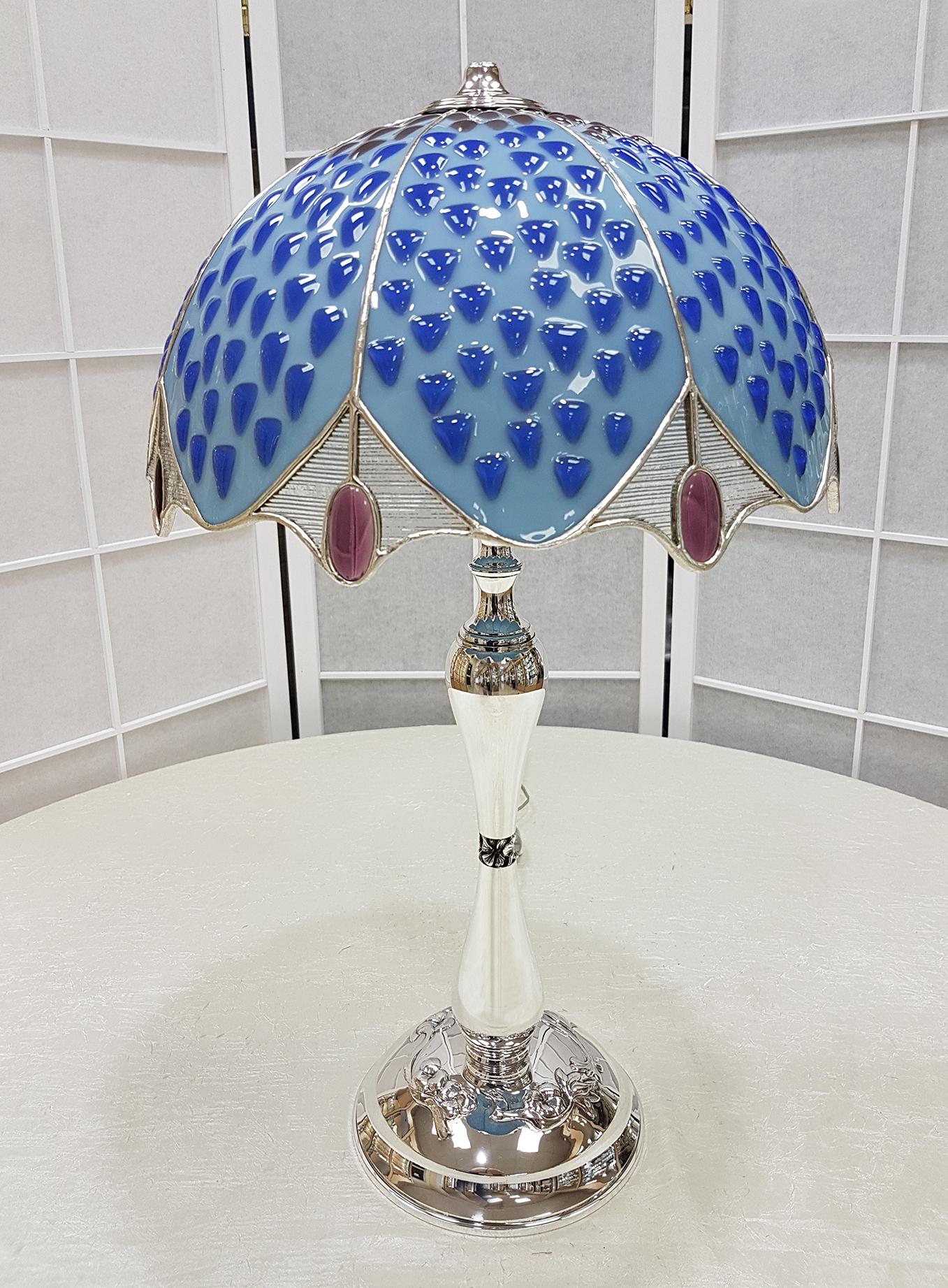 20th Italian Century Sterling Silver Table Lamp with Polychrome Glass Hat For Sale 9