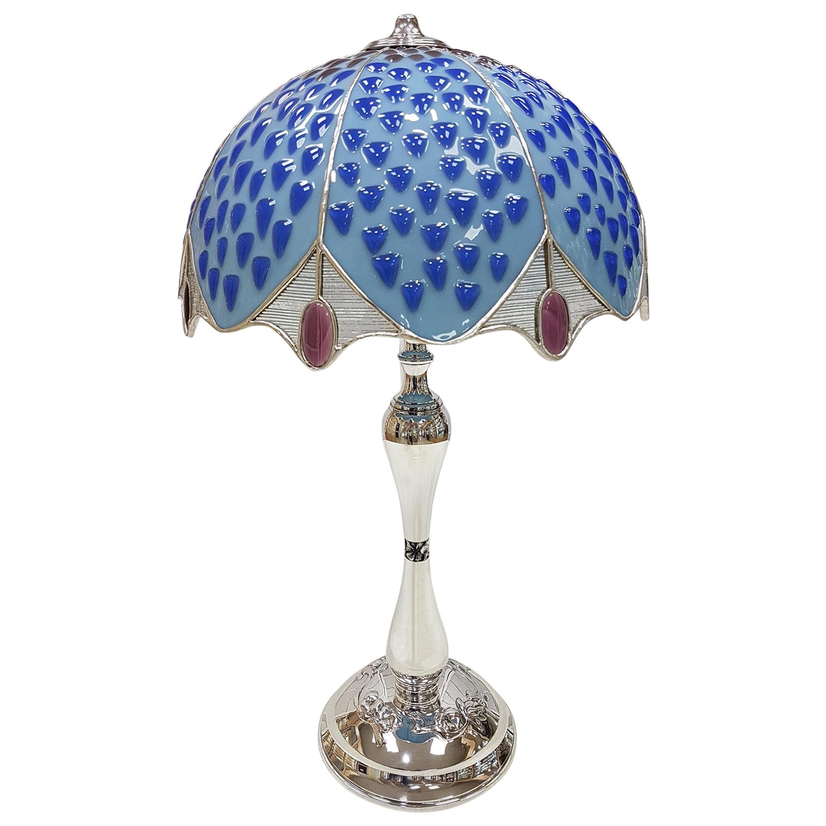 20th Italian Century Sterling Silver Table Lamp with Polychrome Glass Hat