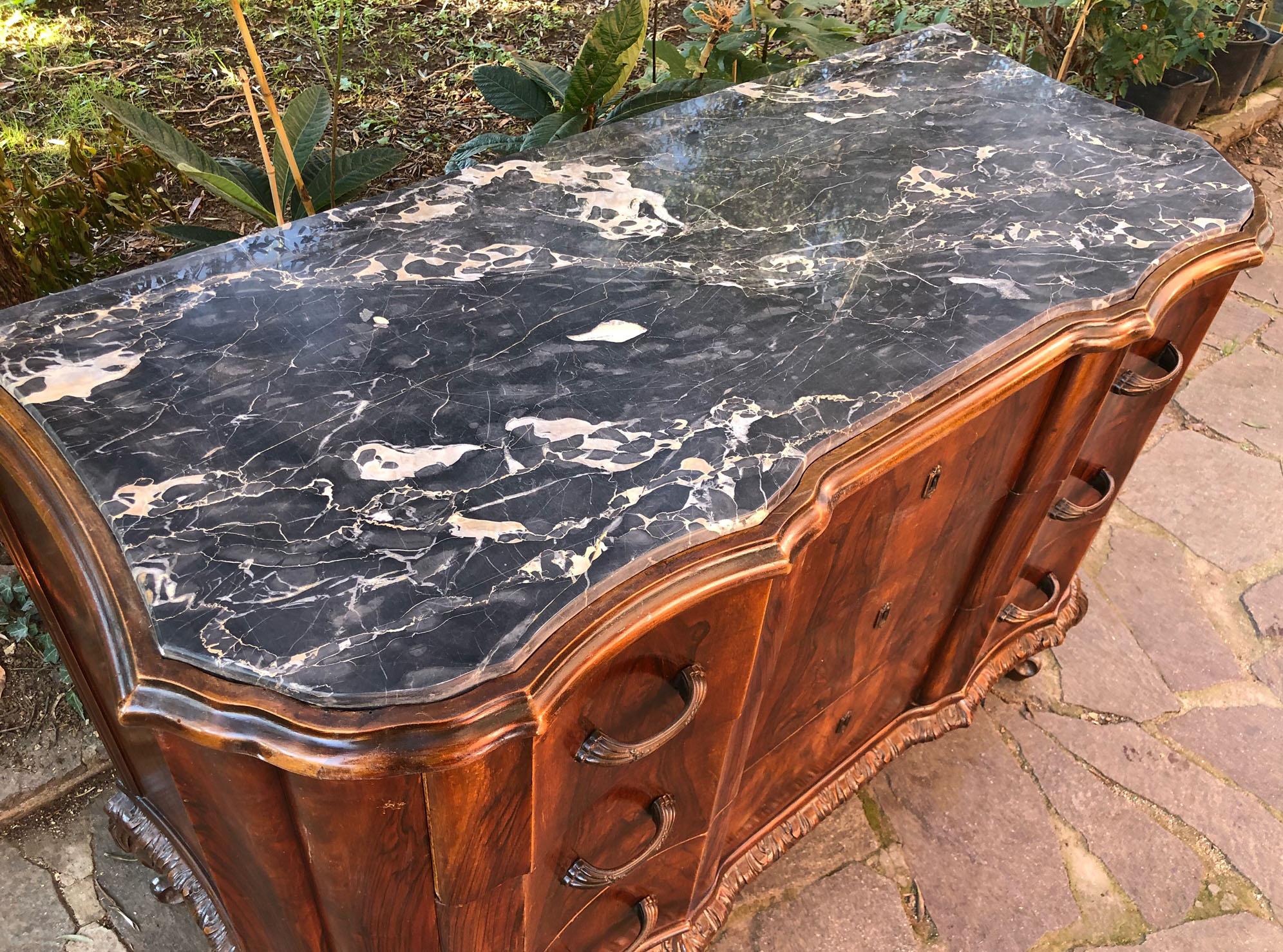 20th Italian Chest of Drawers in Walnut with Original Gray Marble For Sale 3