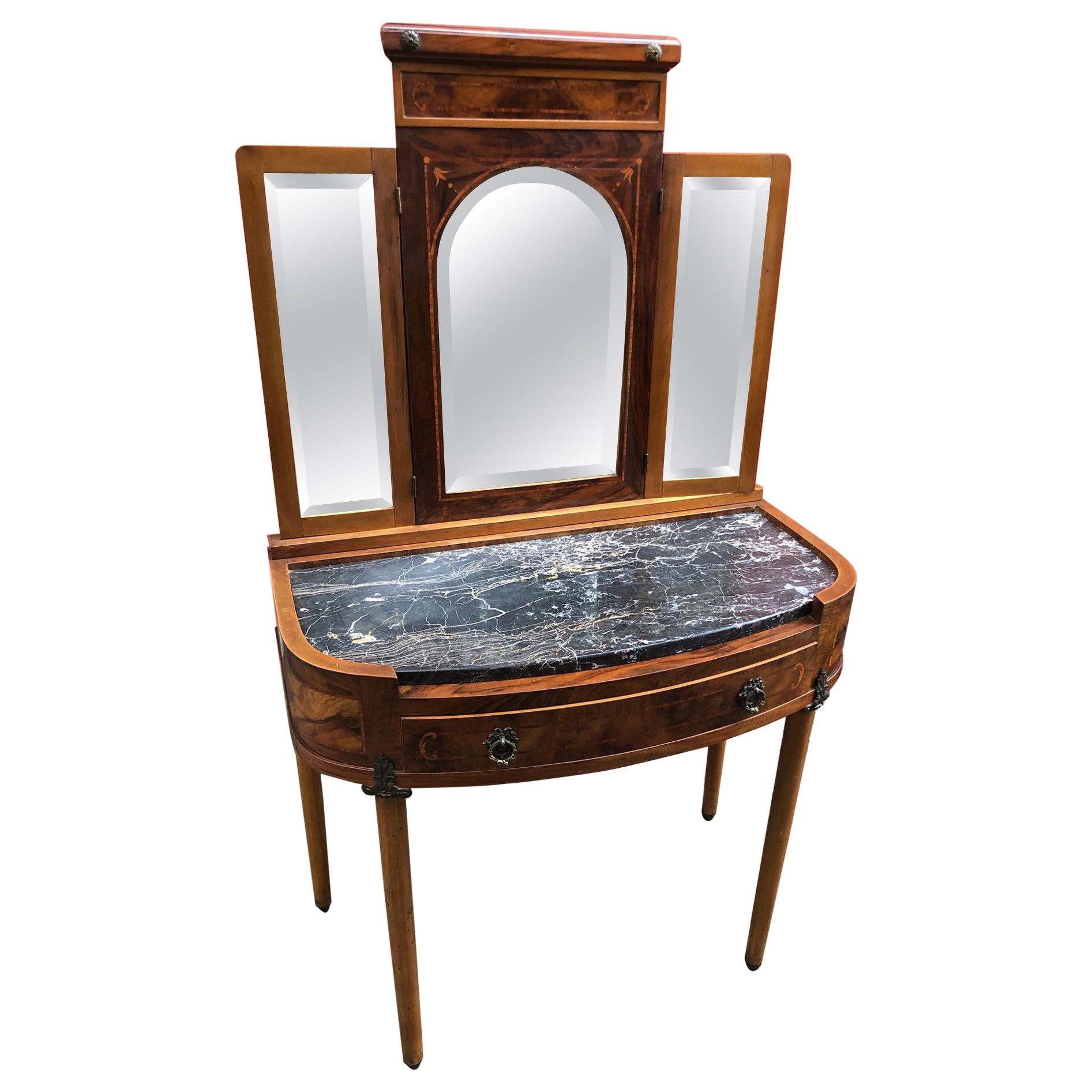 20th Italian Console Table in Walnut, Inlaid, with Portoro Marble