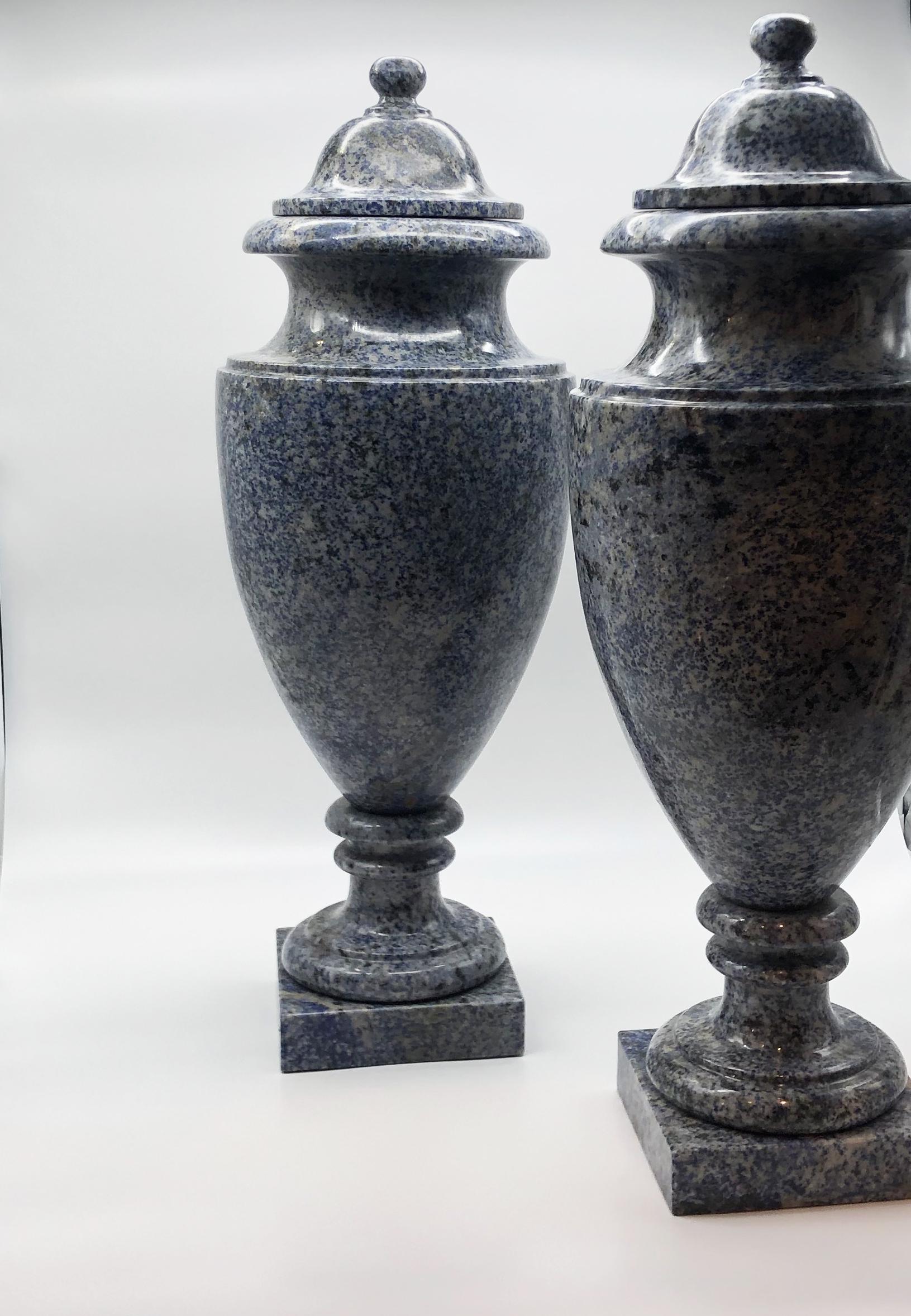 Granite 20th Century Italian Neoclassical Style Blue Azul Marble Sodalite Pair of Vases For Sale