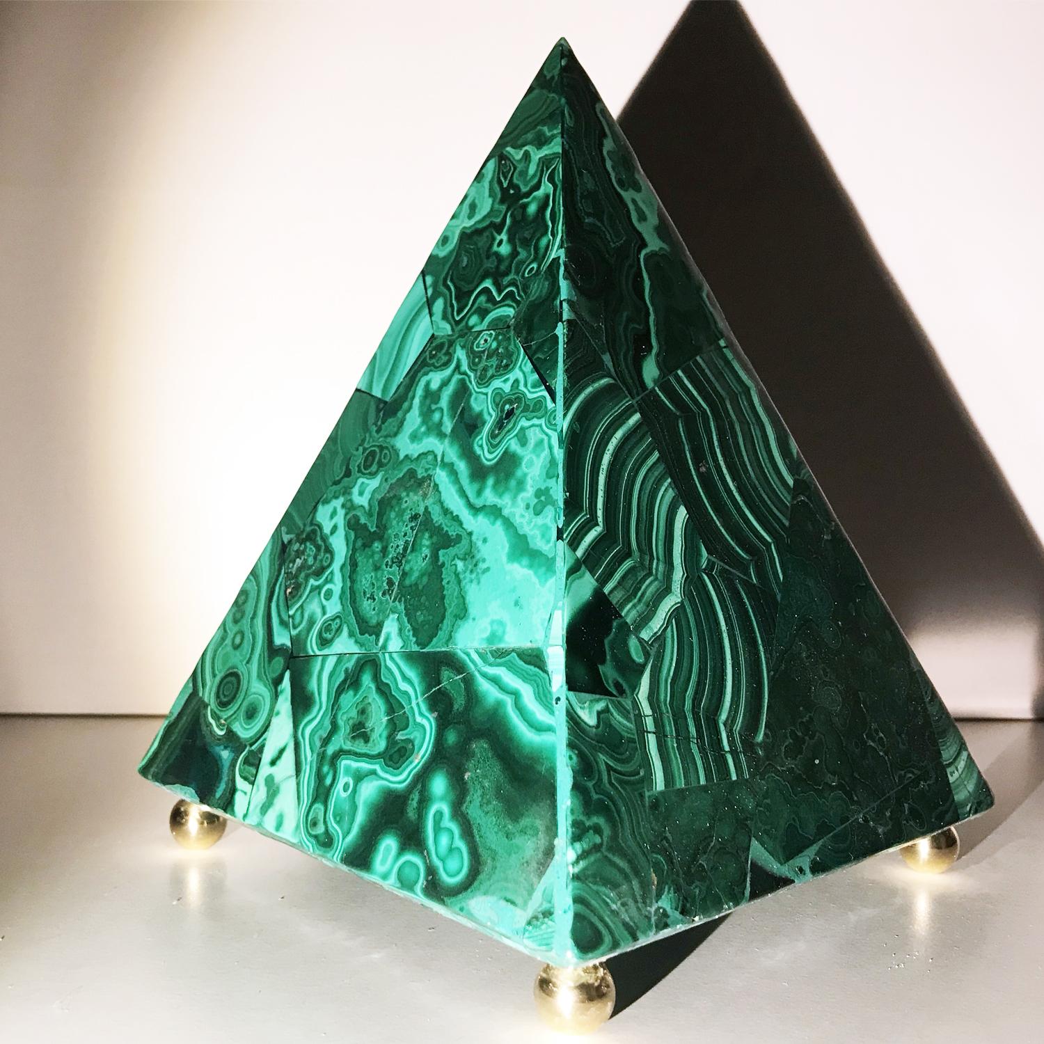 20th Italian Neoclassical Green Malachite and Gold Bronze Sculpture of Pyramid  7