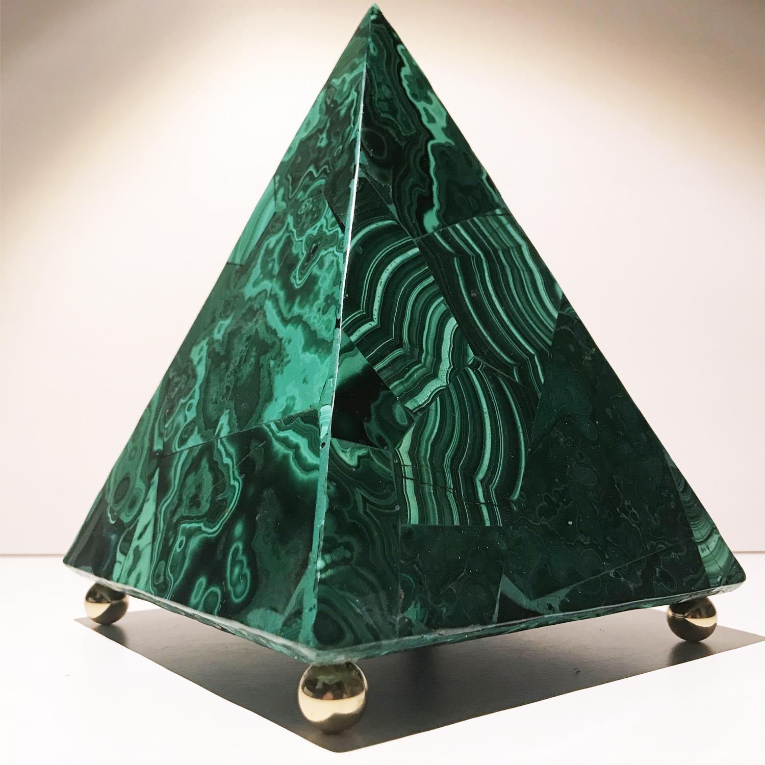 20th Italian Neoclassical Green Malachite and Gold Bronze Sculpture of Pyramid  11
