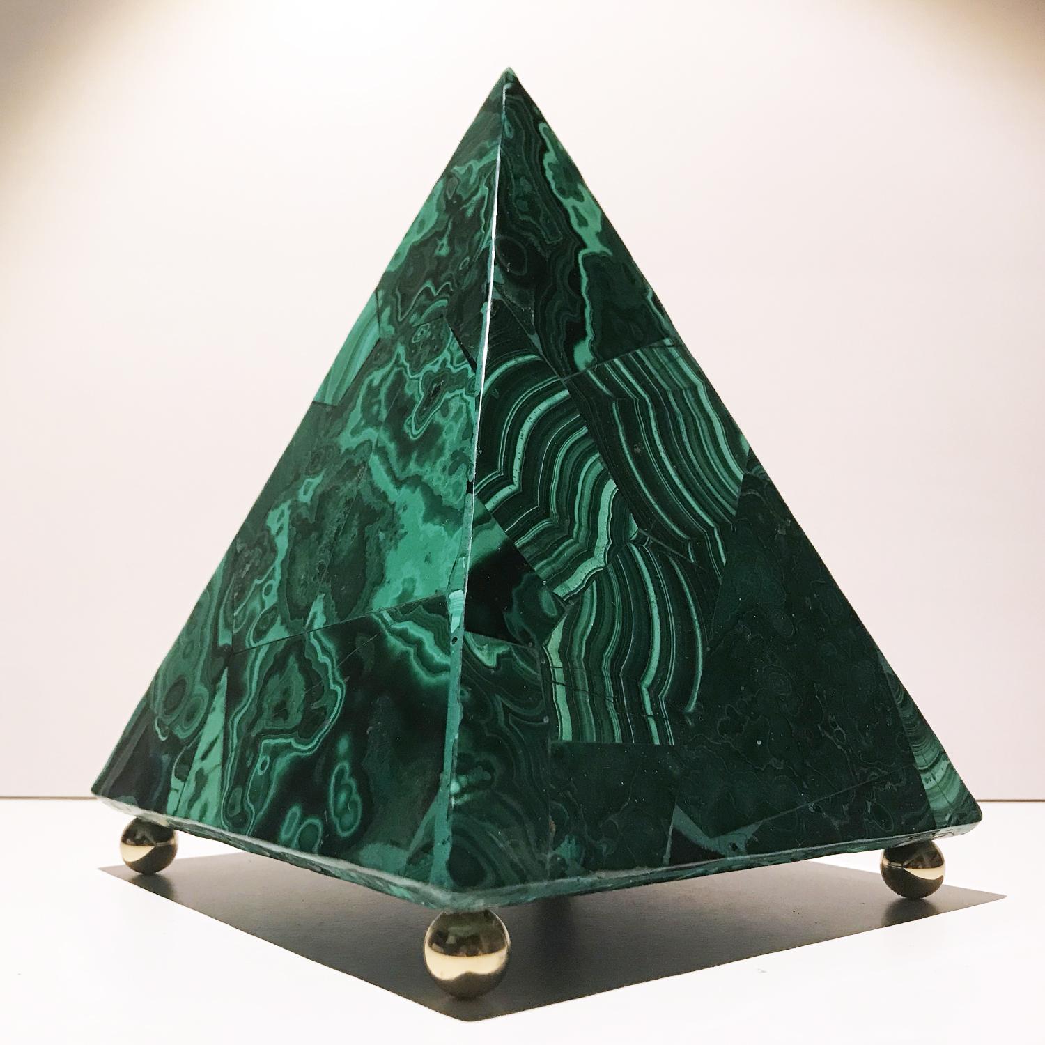 20th Italian Neoclassical Green Malachite and Gold Bronze Sculpture of Pyramid  12
