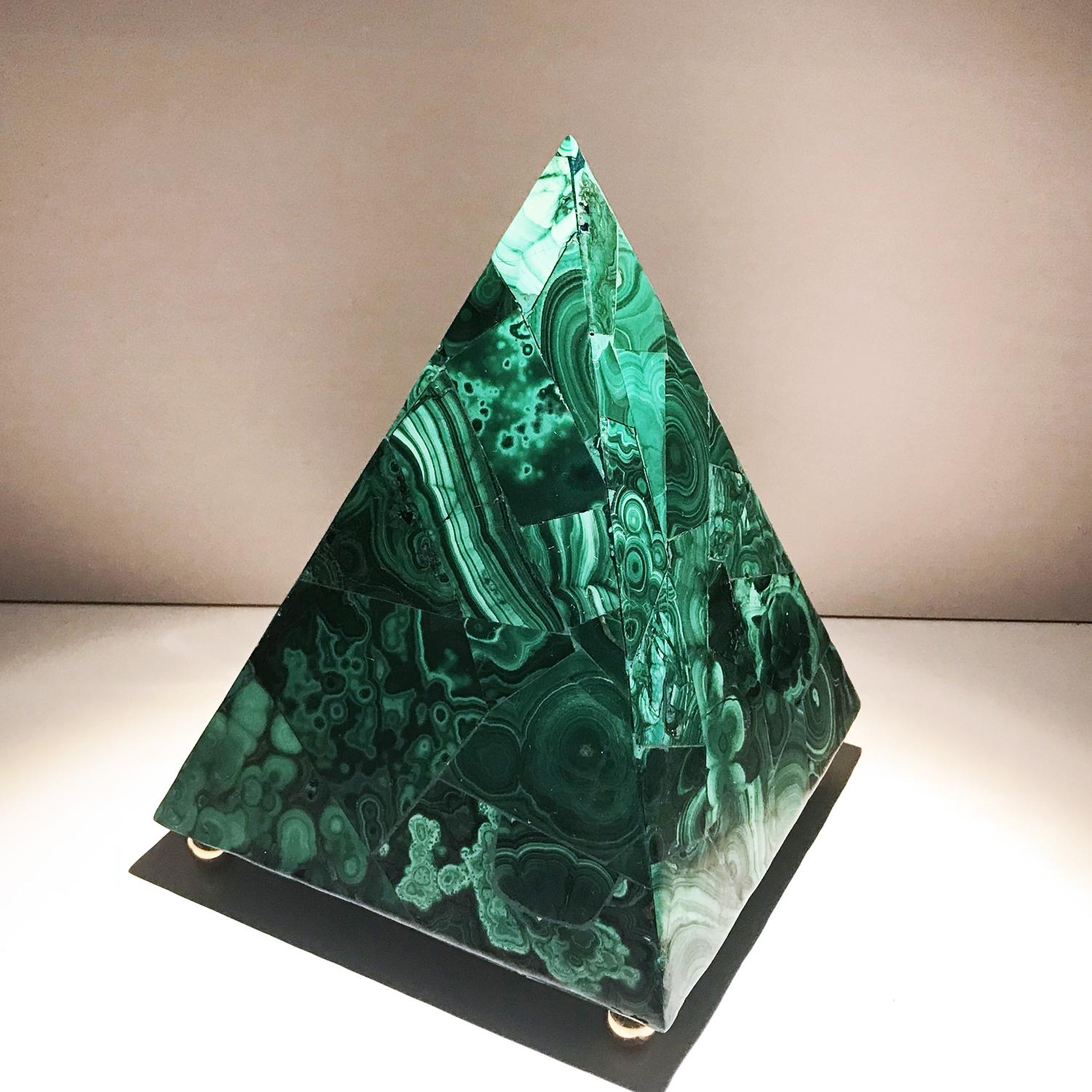 20th Italian Neoclassical Green Malachite and Gold Bronze Sculpture of Pyramid  13