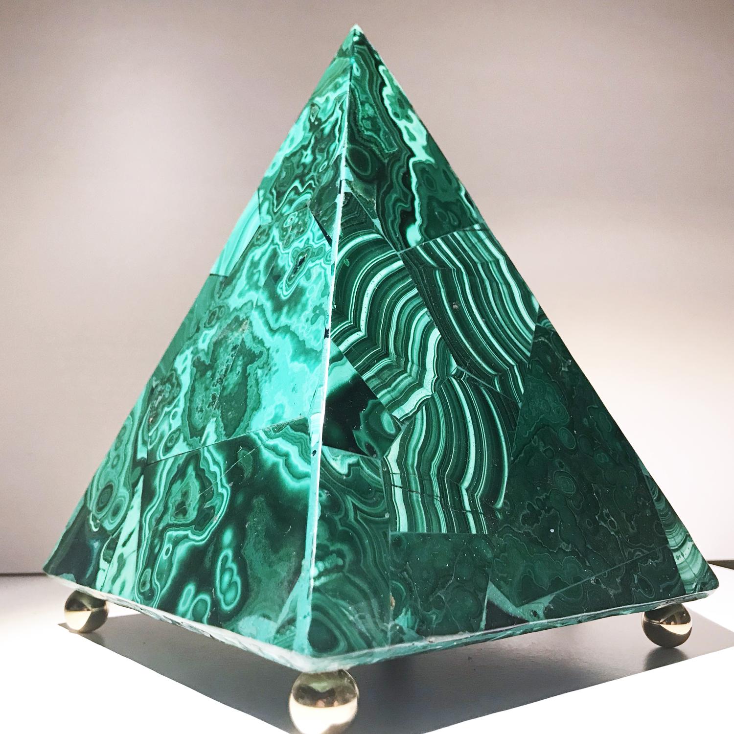 20th Italian Neoclassical Green Malachite and Gold Bronze Sculpture of Pyramid  14