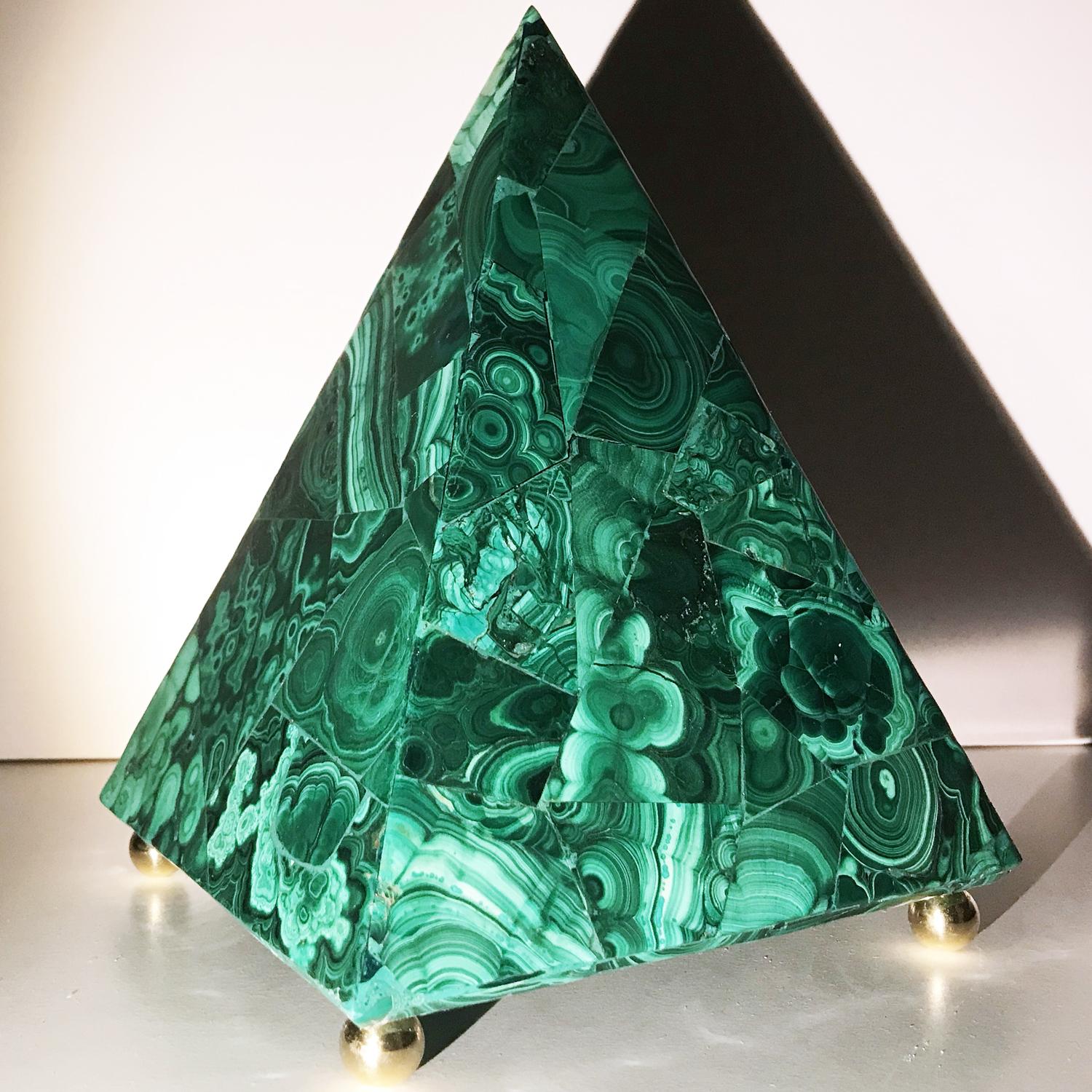 20th Italian Neoclassical Green Malachite and Gold Bronze Sculpture of Pyramid  1