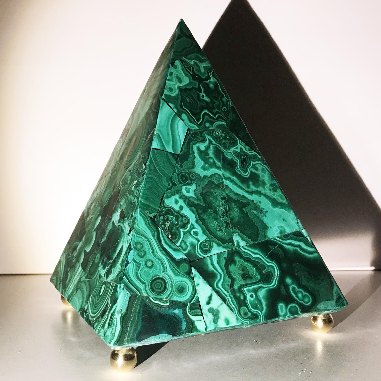 20th Italian Neoclassical Green Malachite and Gold Bronze Sculpture of Pyramid  2