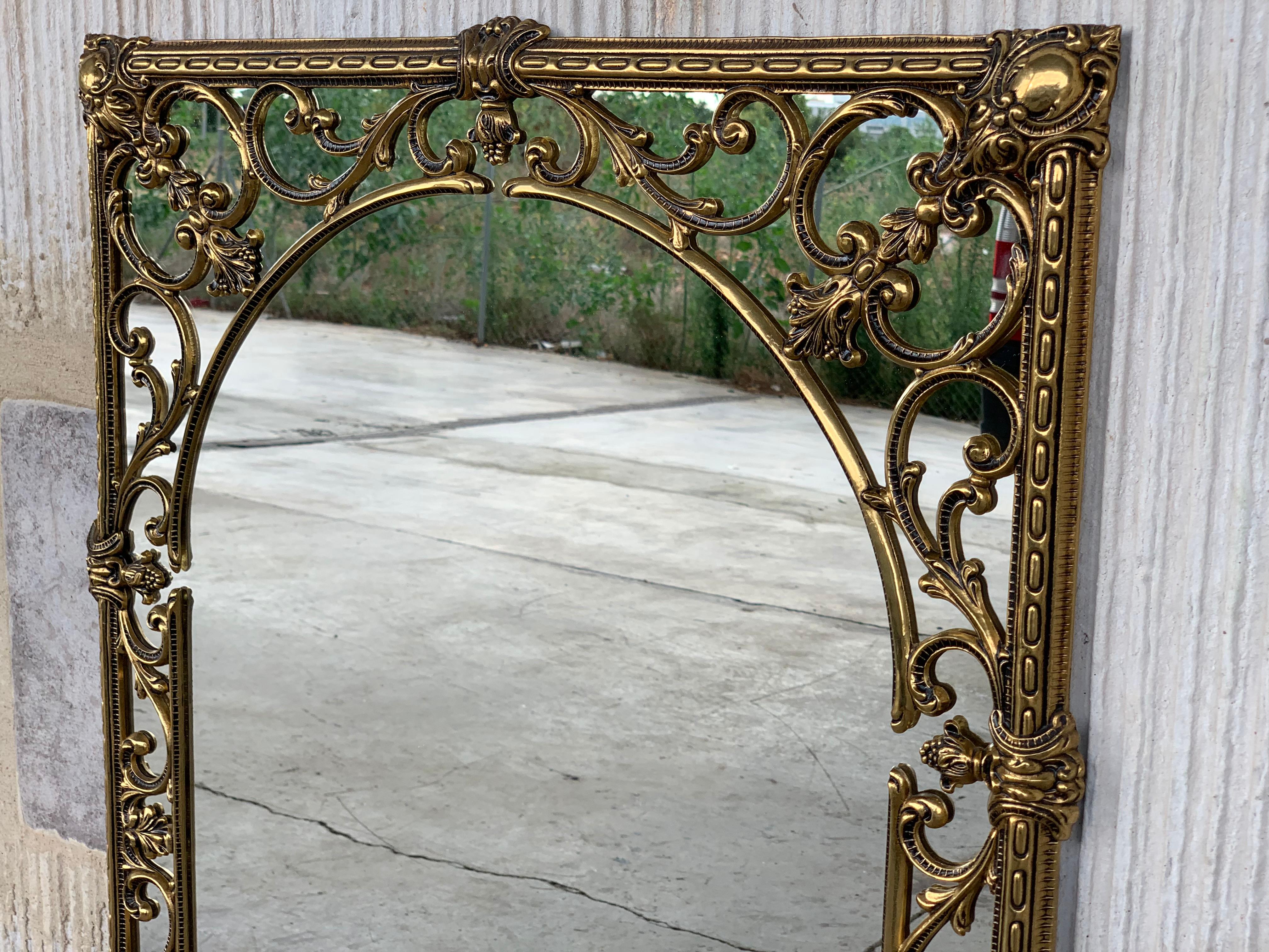 Spanish 20th Italian Rectangular Brass Foliate Wall Mirror or Console Mirror For Sale