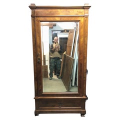 Antique 20th Italian Wardrobe with One Door in Walnut with Mirror
