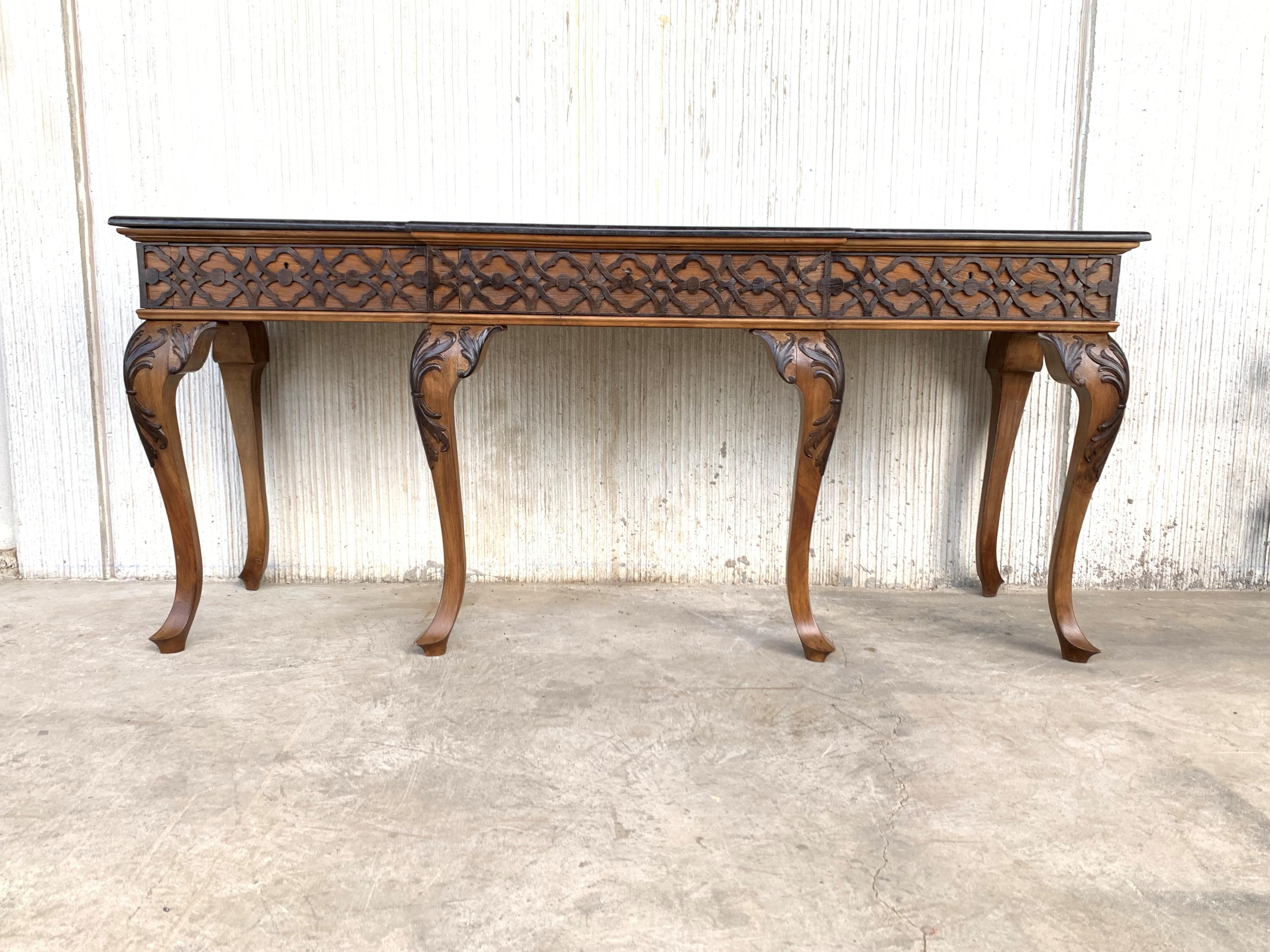 20th Century Large Console Table with Three Drawers Walnut Inlays and Marble Top 5