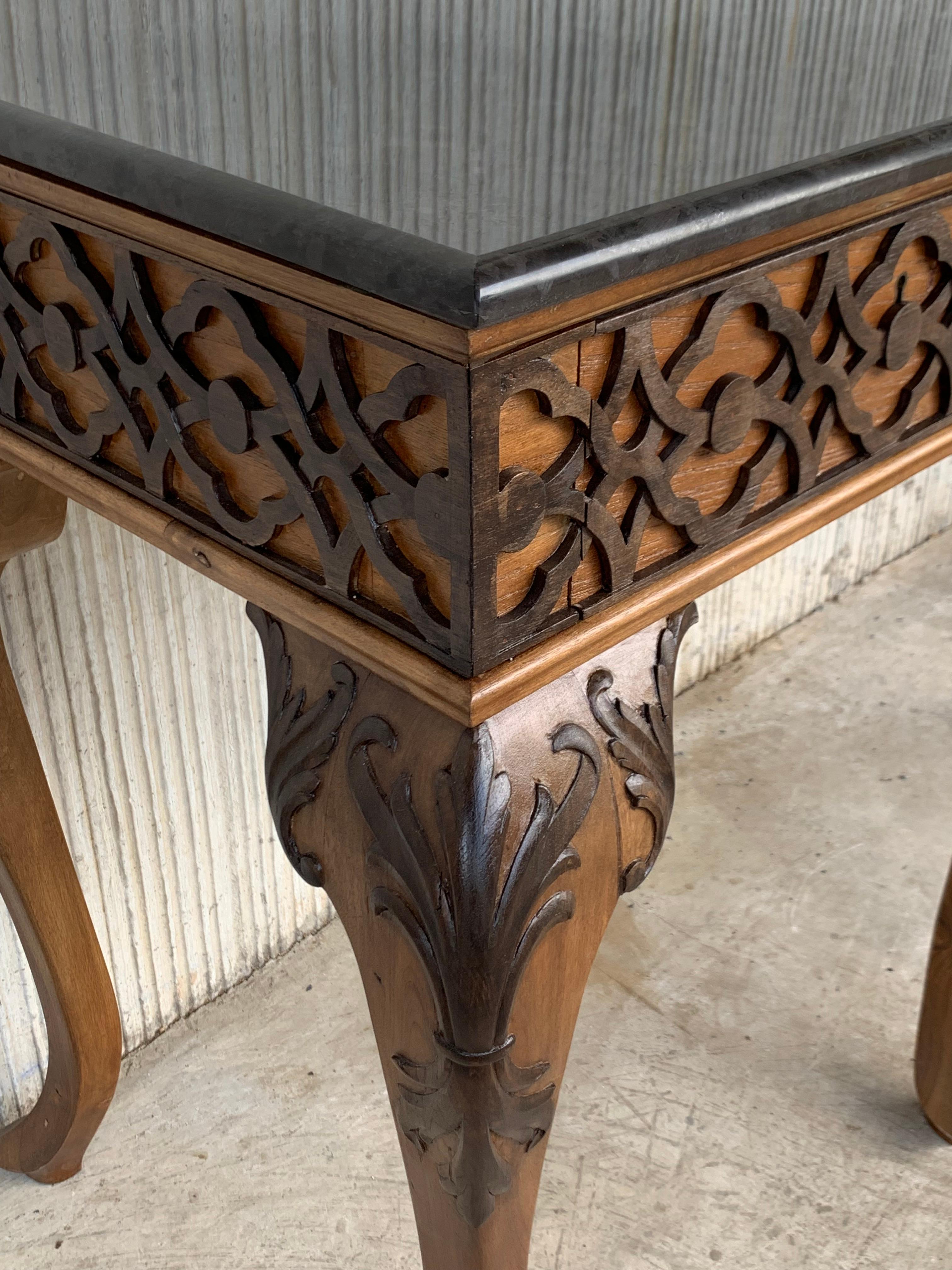 20th century large console table with three drawers walnut inlays and marble top.