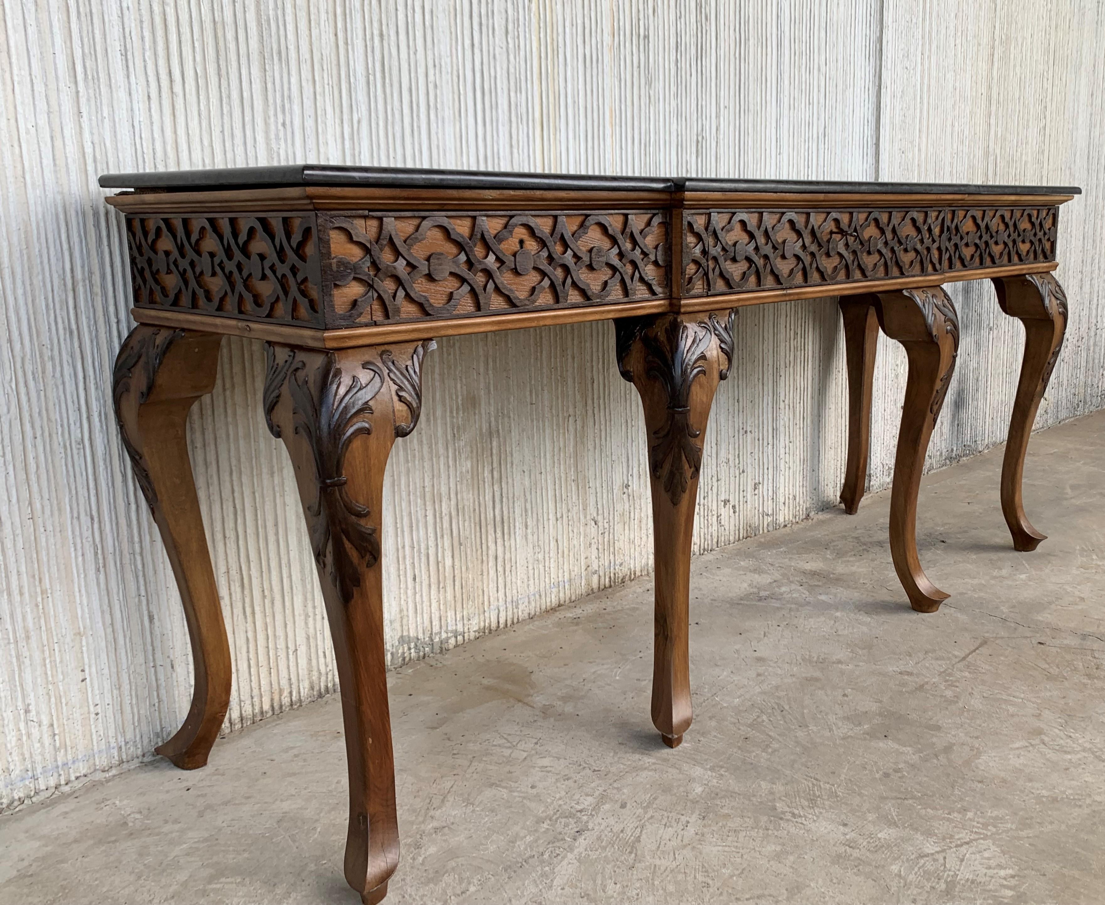 Art Deco 20th Century Large Console Table with Three Drawers Walnut Inlays and Marble Top