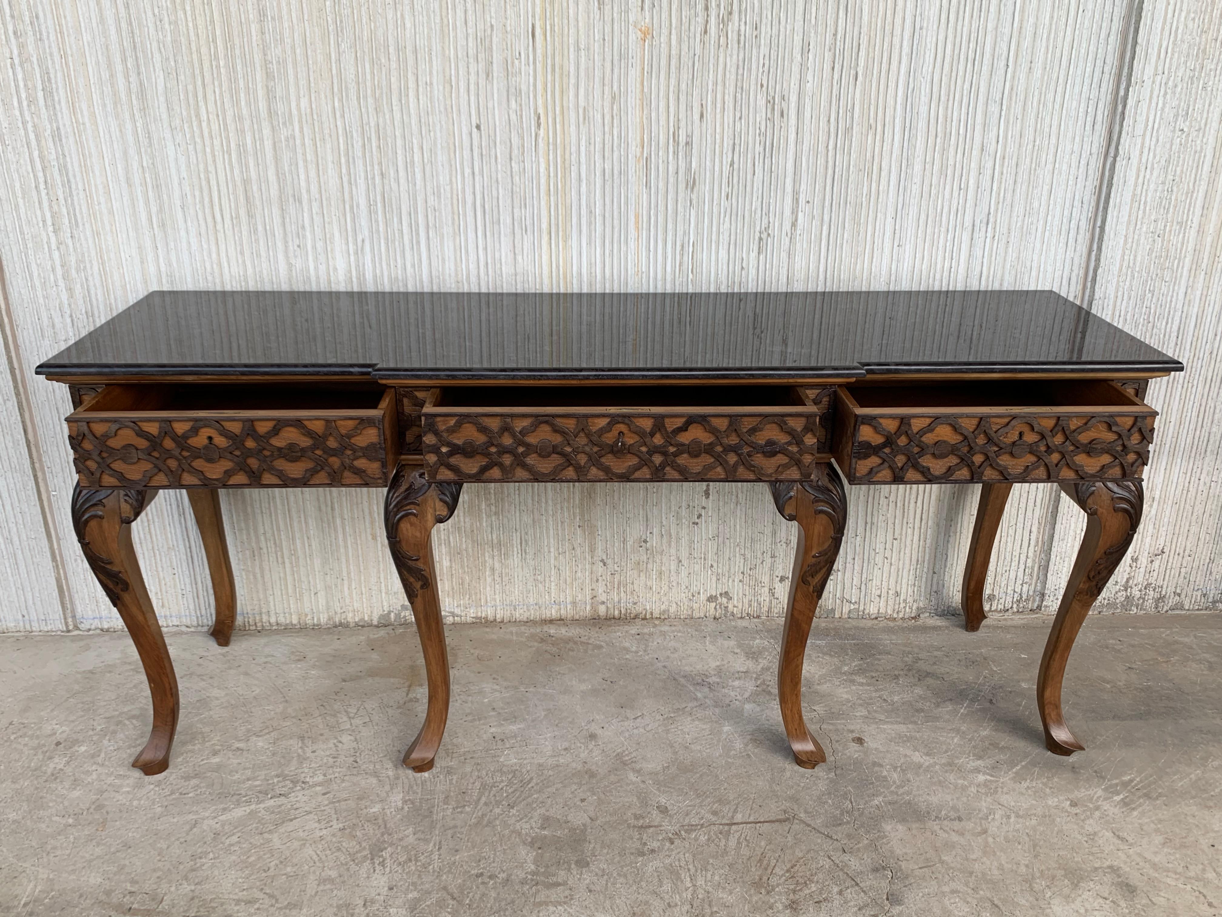 Italian 20th Century Large Console Table with Three Drawers Walnut Inlays and Marble Top