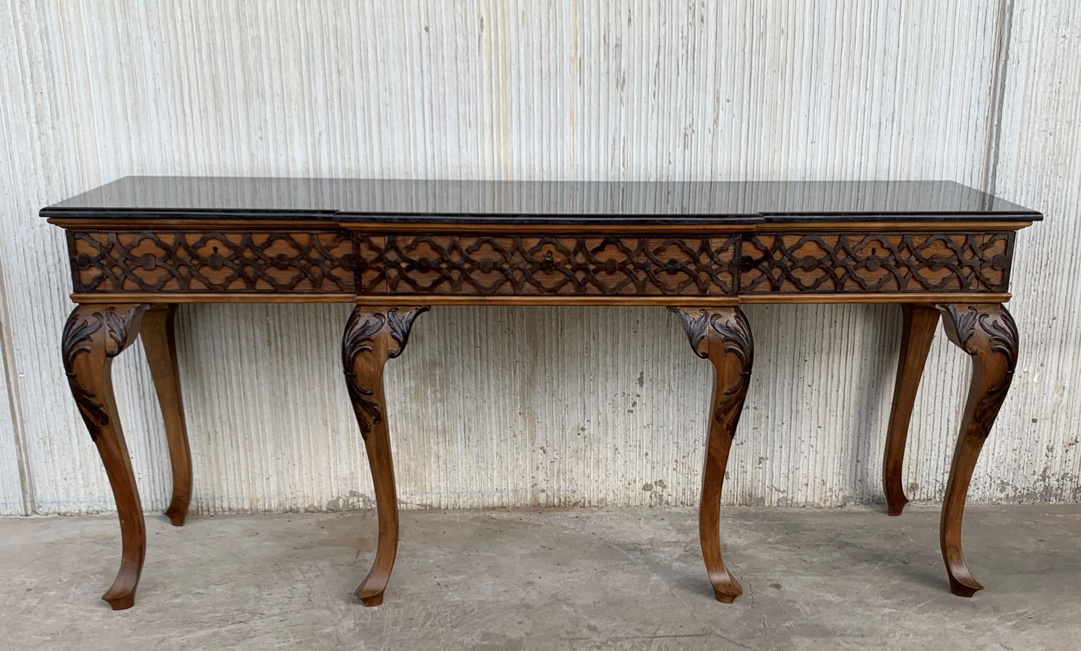 20th Century Large Console Table with Three Drawers Walnut Inlays and Marble Top In Good Condition In Miami, FL