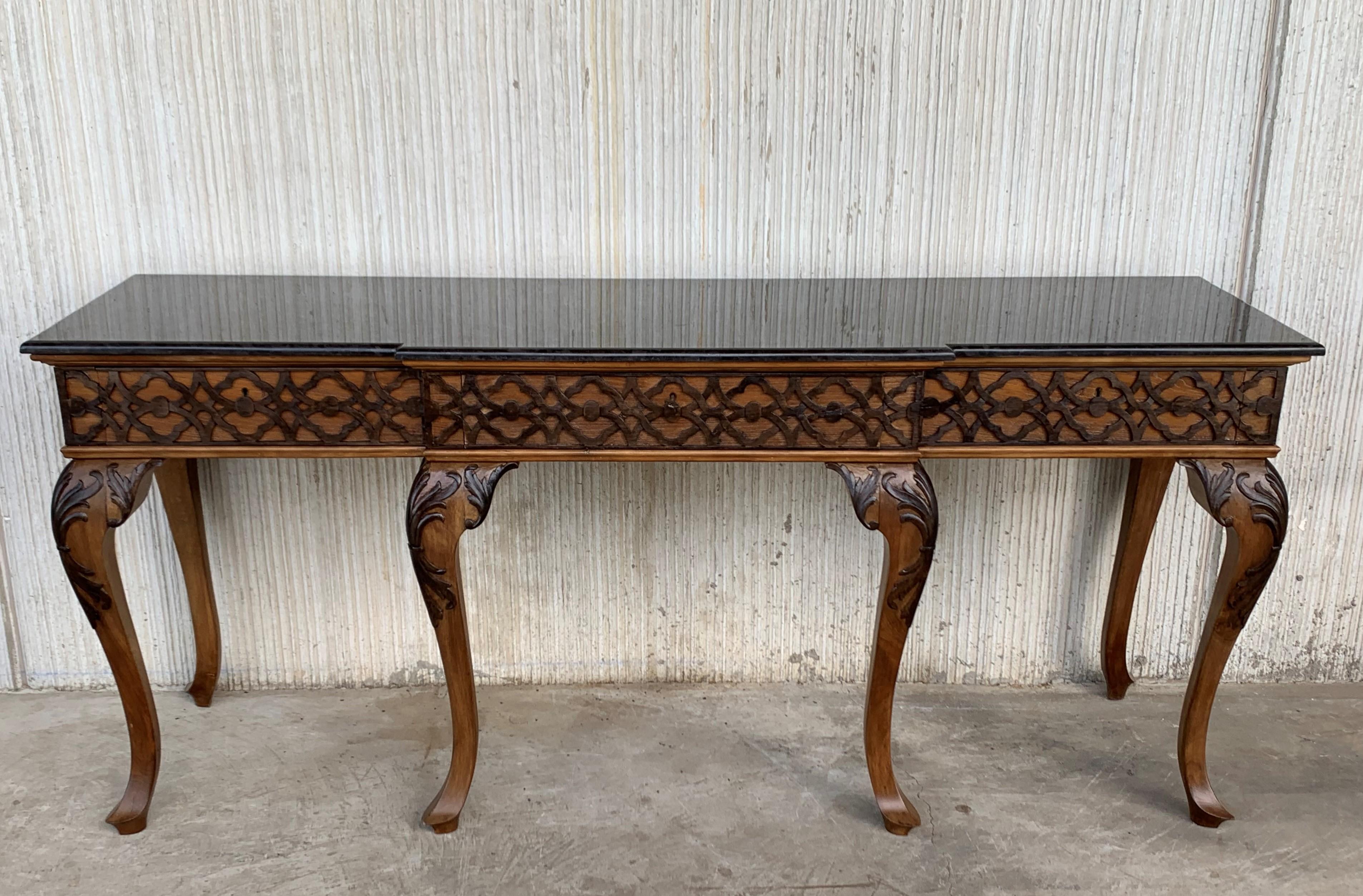20th Century Large Console Table with Three Drawers Walnut Inlays and Marble Top 1