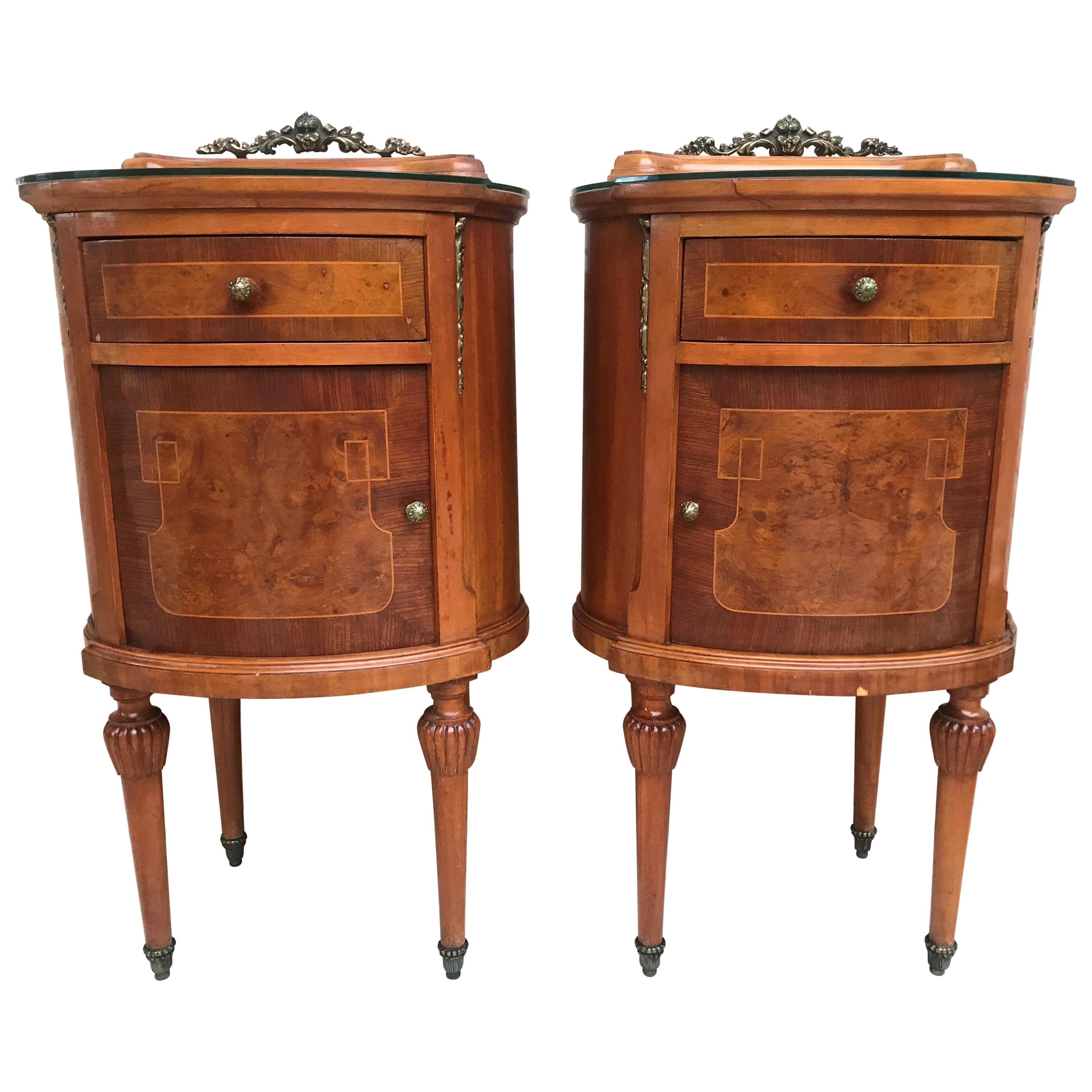 20th Louis XVI Style Marquetry Nightstands with Metal and Mirror Crest, a Pair For Sale