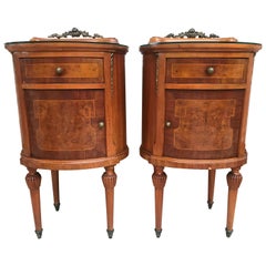 20th Louis XVI Style Marquetry Nightstands with Metal and Mirror Crest, a Pair