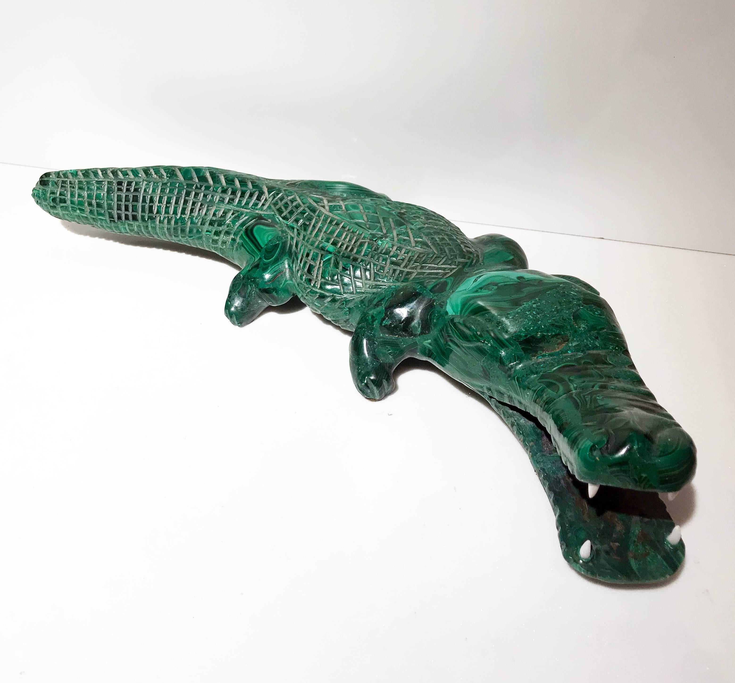 Hand-Carved 20th Century Malachite Crocodile Italian Green Animal Sculpture For Sale