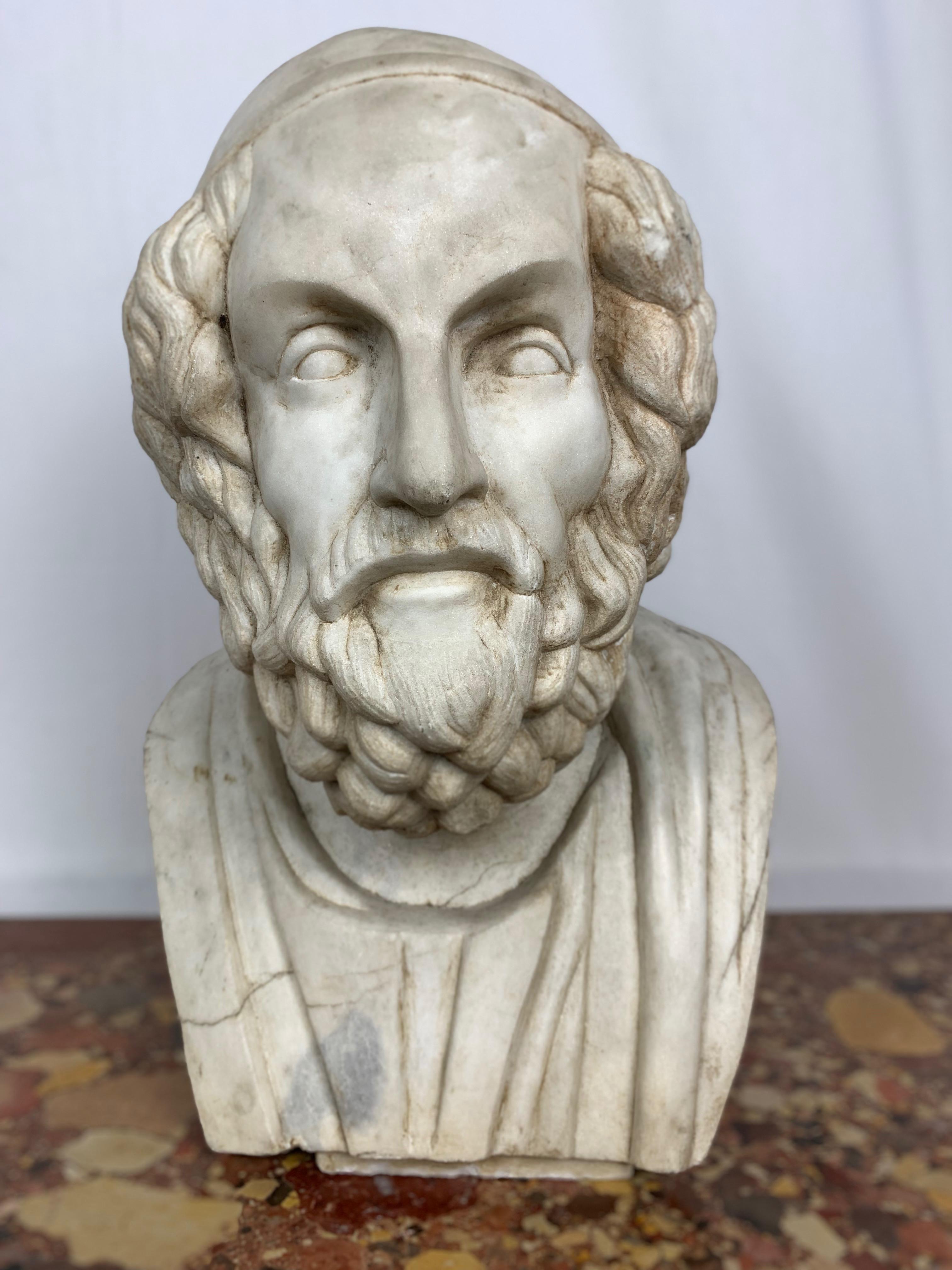 Greek Revival 20th Century Marble Bust of Ancient Greek Poet Homer For Sale