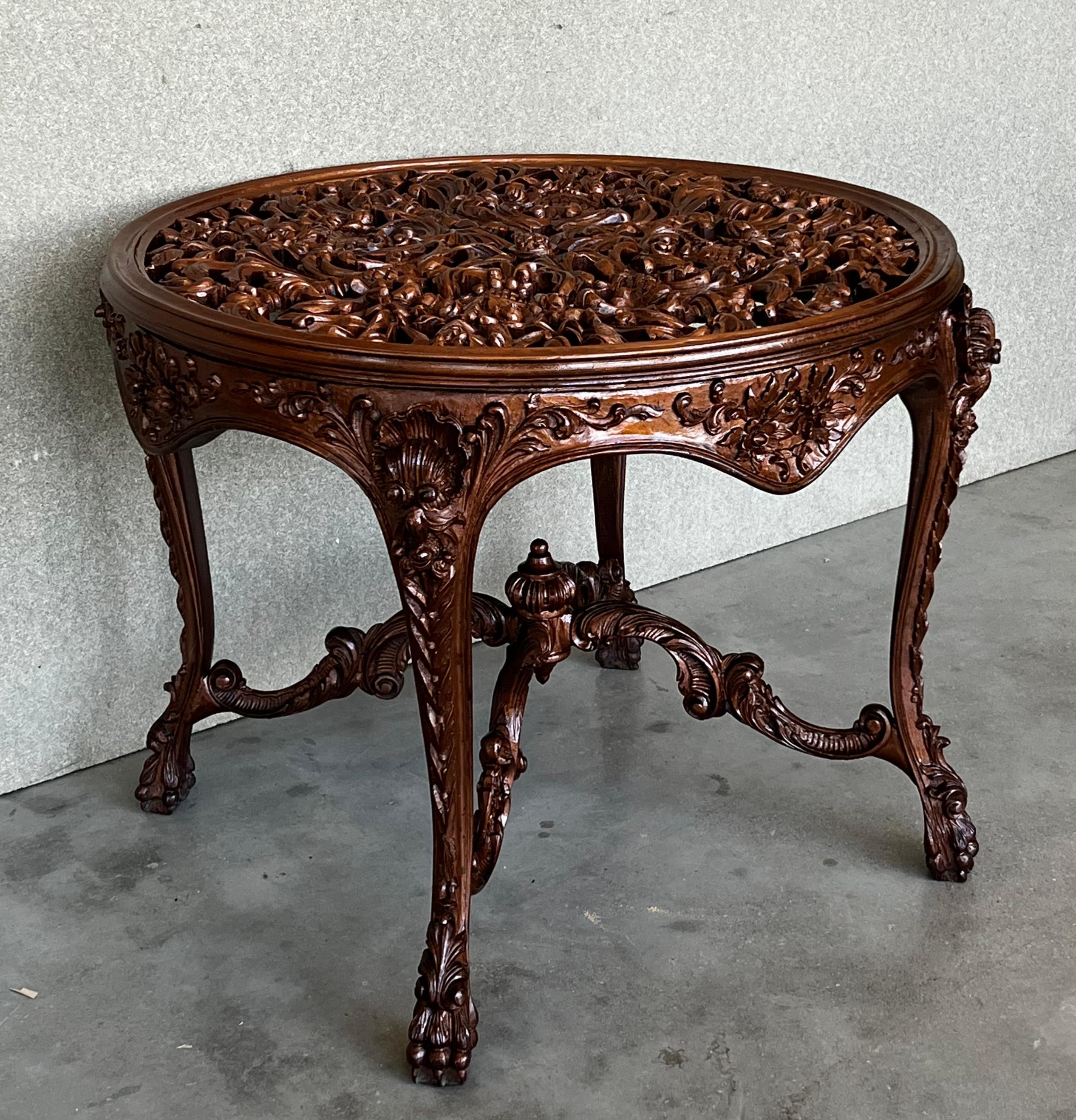 Fruitwood 20th Mariano Garcia Spanish Side Table with Highly Carved Top and Legs For Sale