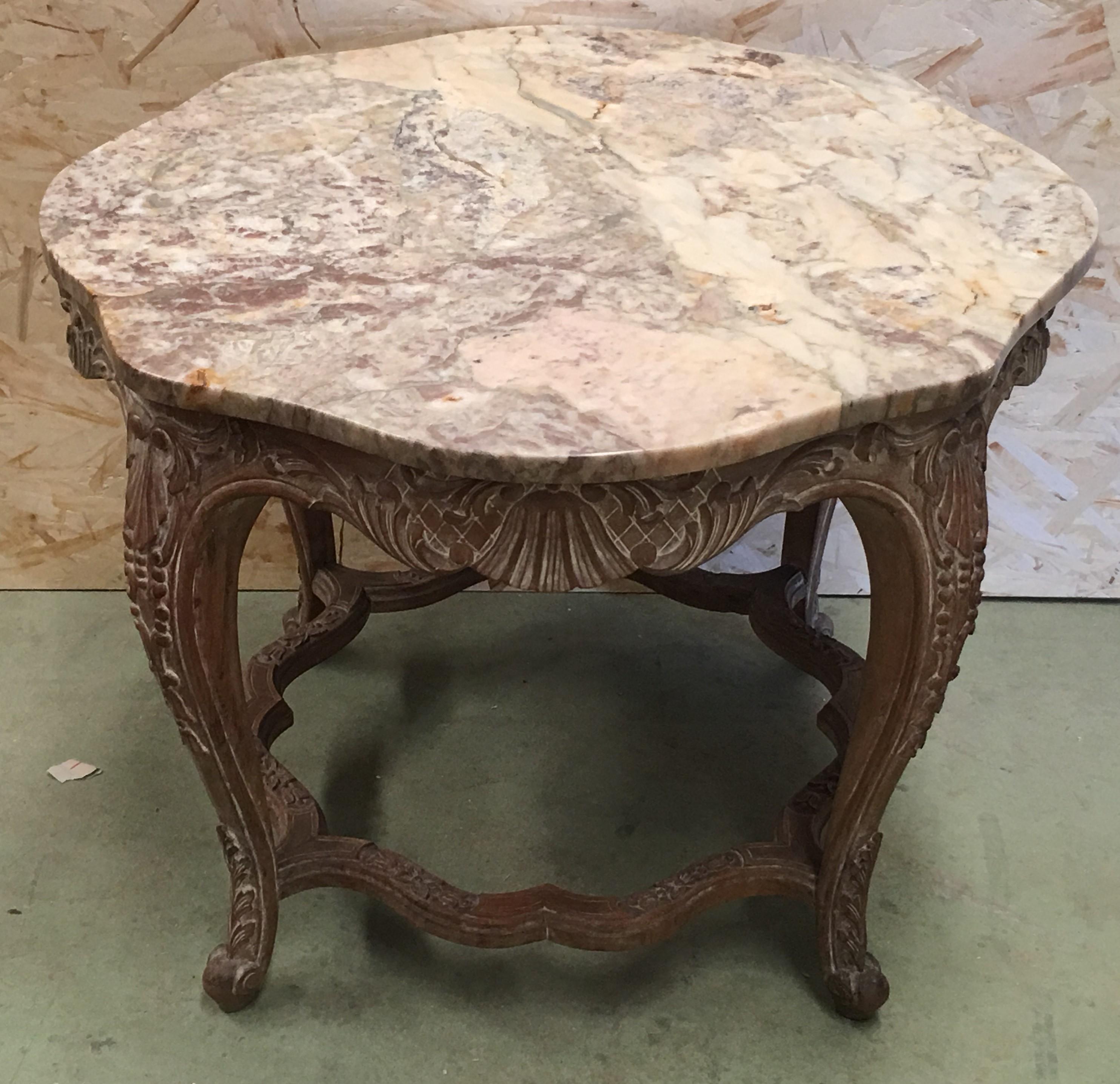 Rococo 20th Mariano Garcia Spanish Side Table with Siena Marble and Carved Base For Sale