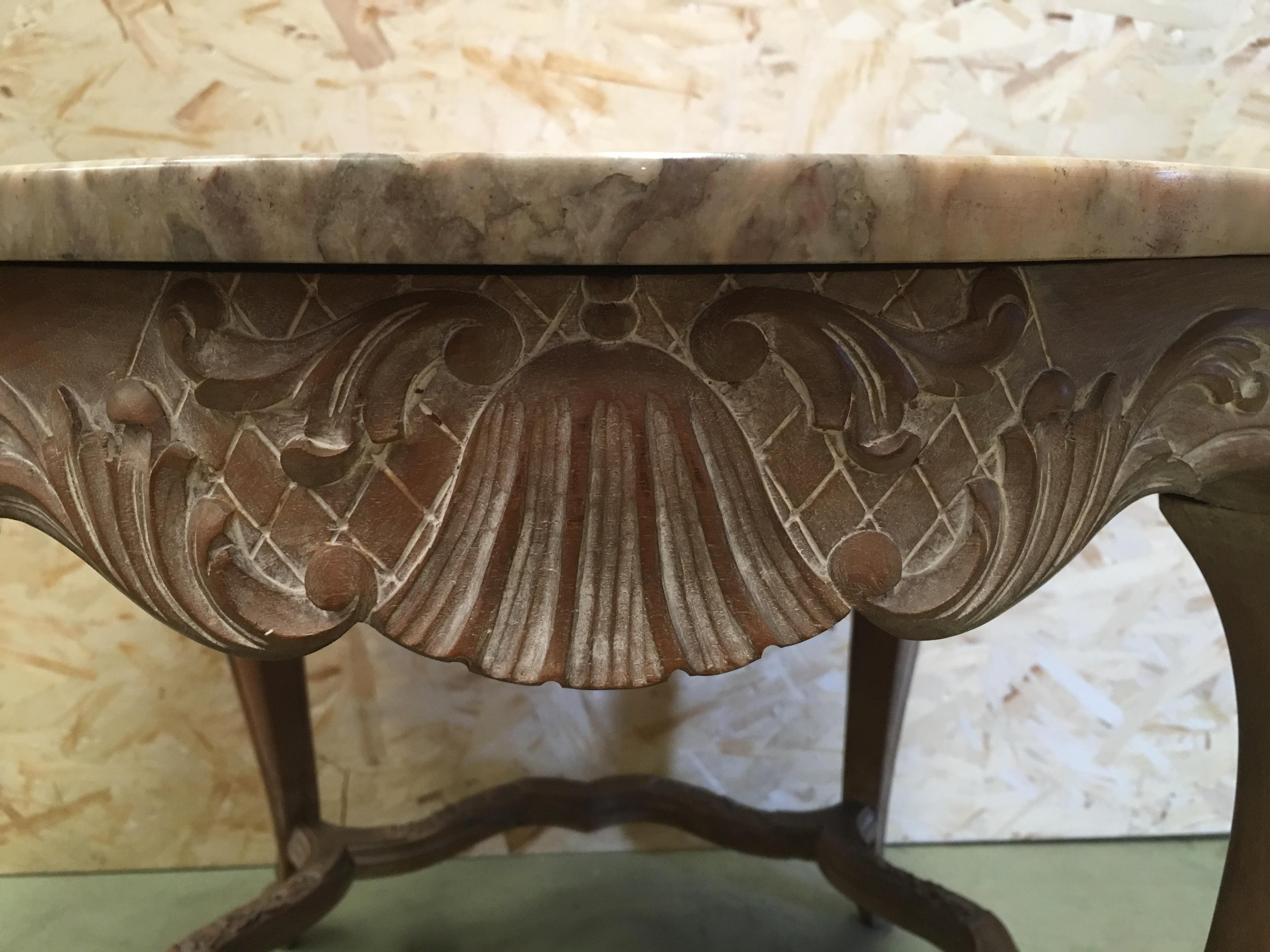 Hand-Carved 20th Mariano Garcia Spanish Side Table with Siena Marble and Carved Base For Sale