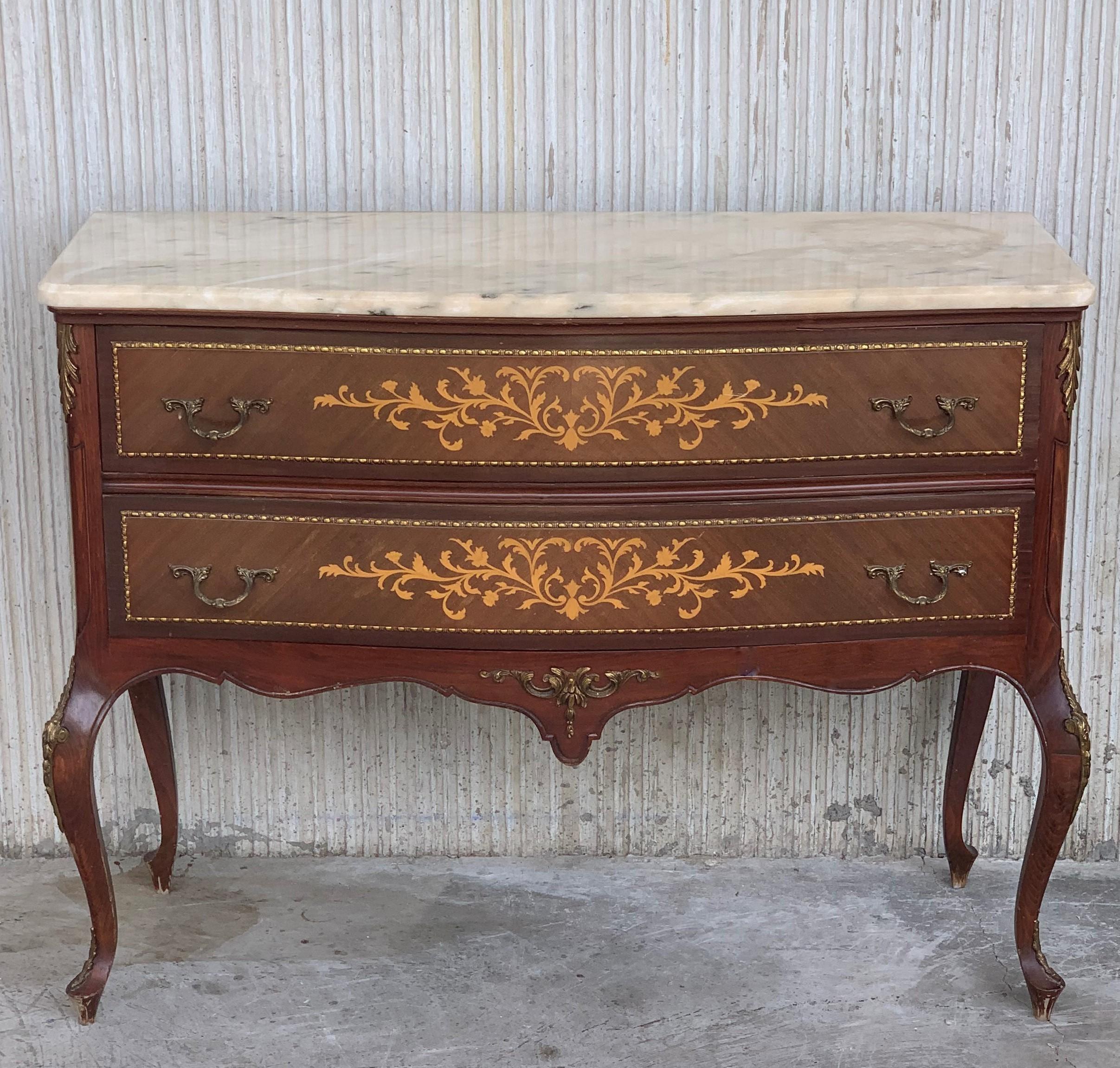 French Provincial 20th Century Marquetry Chest of Drawers with Bronze Details and Cream Marble Top For Sale