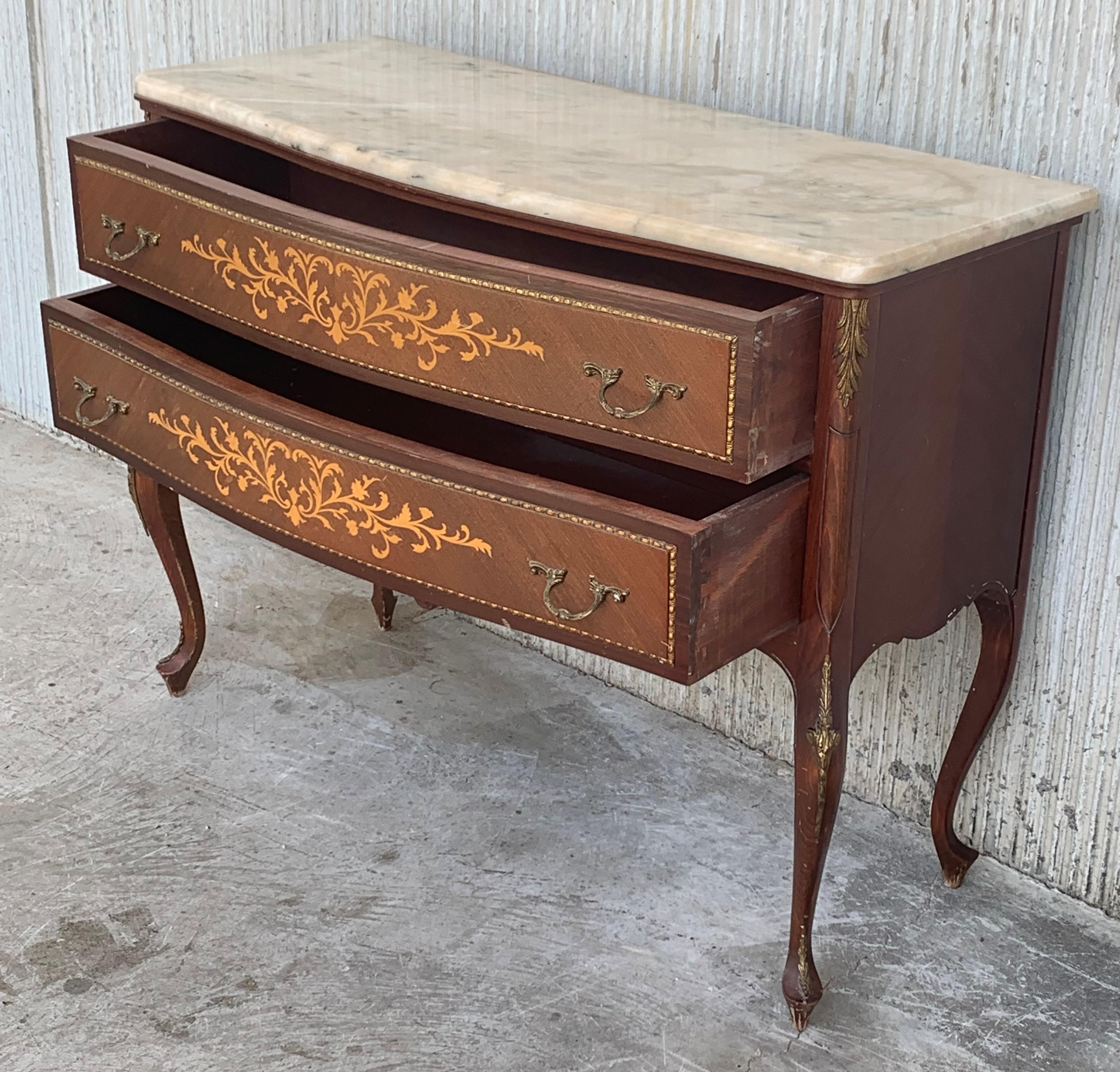 European 20th Century Marquetry Chest of Drawers with Bronze Details and Cream Marble Top For Sale
